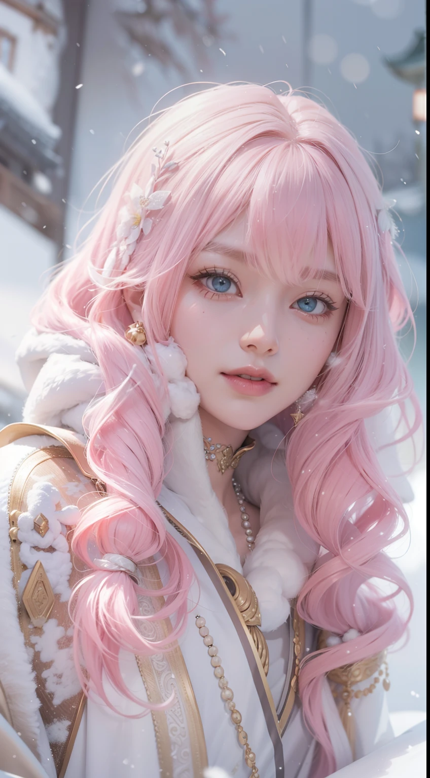 Works of masters，Best image quality，超高分辨率，8K分辨率，Sitting，solo person，femele，ssmile，long whitr hair，Pink hair，crossed bangs，Wave head，Bracelet，Collar，pendant，Lolita costume，snowflower，Winters，Temple，New Year，Opal rendering，Cinematic lighting，(Falling snow，cloaks)，