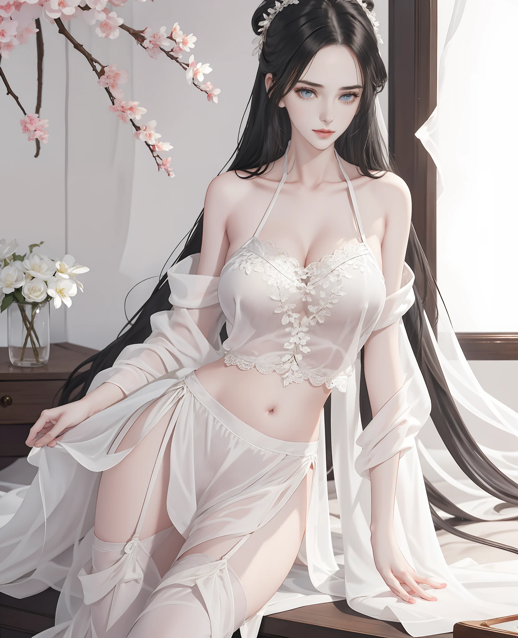 Beautiful details for girl，very detailed eyes and faces，beautiful eyes in detail，ultra - detailed，A high resolution，The is very detailed，The best quality，illustratio，astounding，exquisite details with white hair，best qualtiy，VerydetailedCG，8k wallpaper，face to the viewer，the complex background，bshoulders，seductiv，stas，（Sexual suggestiveness），light in face，cinmatic lighting，1个Giant Breast Girl，（with no underpants）） See-through Pajamas， （Lingerie transparent）， Lace skirt，huge tit:1.5  ， （pornographic lingerie））， buttock exposure， Open crotch stockings， h， xxx，Wet, Teenage uncensored， thermography， Pornographic box，mrrpss，