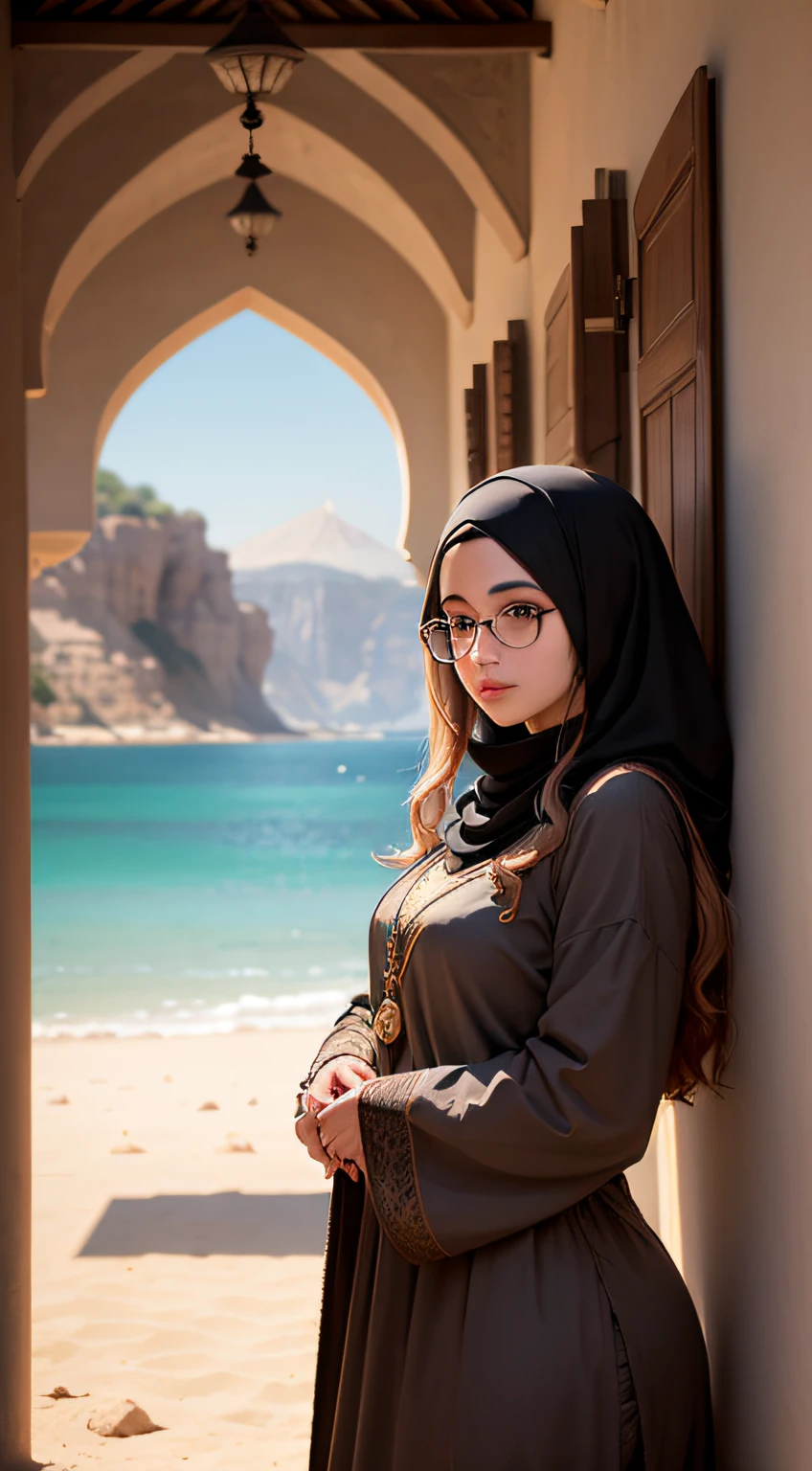 woman with a round-framed glasses in an Arabic setting with a scenic background.