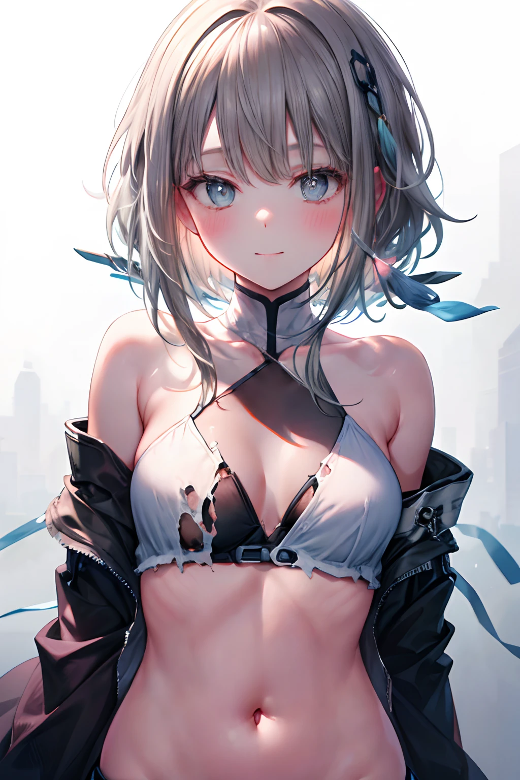 (((Masterpiece))), (portrait), diffused light, dynamic shadows, sharp focus, realistic, detailed, highres, absurdres, anatomically correct, slight smile, white background, torn clothes, looking to the side, belly button, medium breast, blush