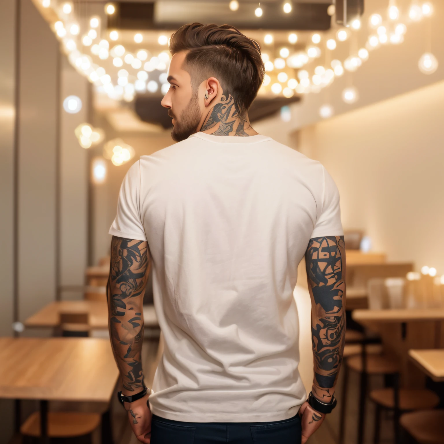 arafed man with tattoos standing in a restaurant with lights, man in white t - shirt, with his back turned, his back is turned, plain white tshirt, from the back, backshot, from back, arms behind back, full growth from the back, with his back to the viewer, back pose, in full growth from the back