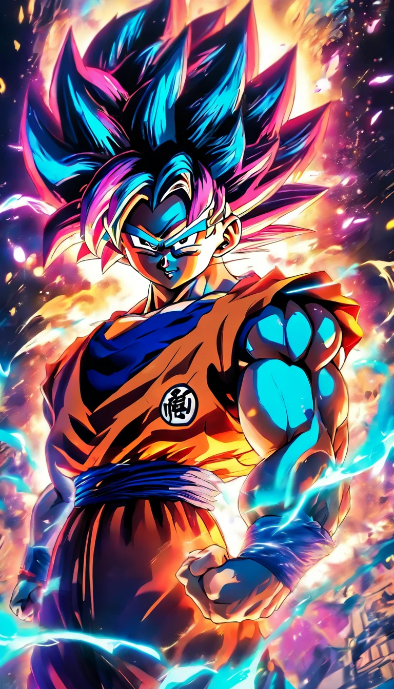 (comic cover:), Pen drawing style, HD8K, Rich plot, intricate background, Rich character details, Dragon Ball image, Advanced perspective, Neon night view, Rich atmosphere, Summer noon, Strong three-dimensionality, Vivid character expression, Vivid character shapes, Perfect scene detail, The overall style is strong and vibrant.