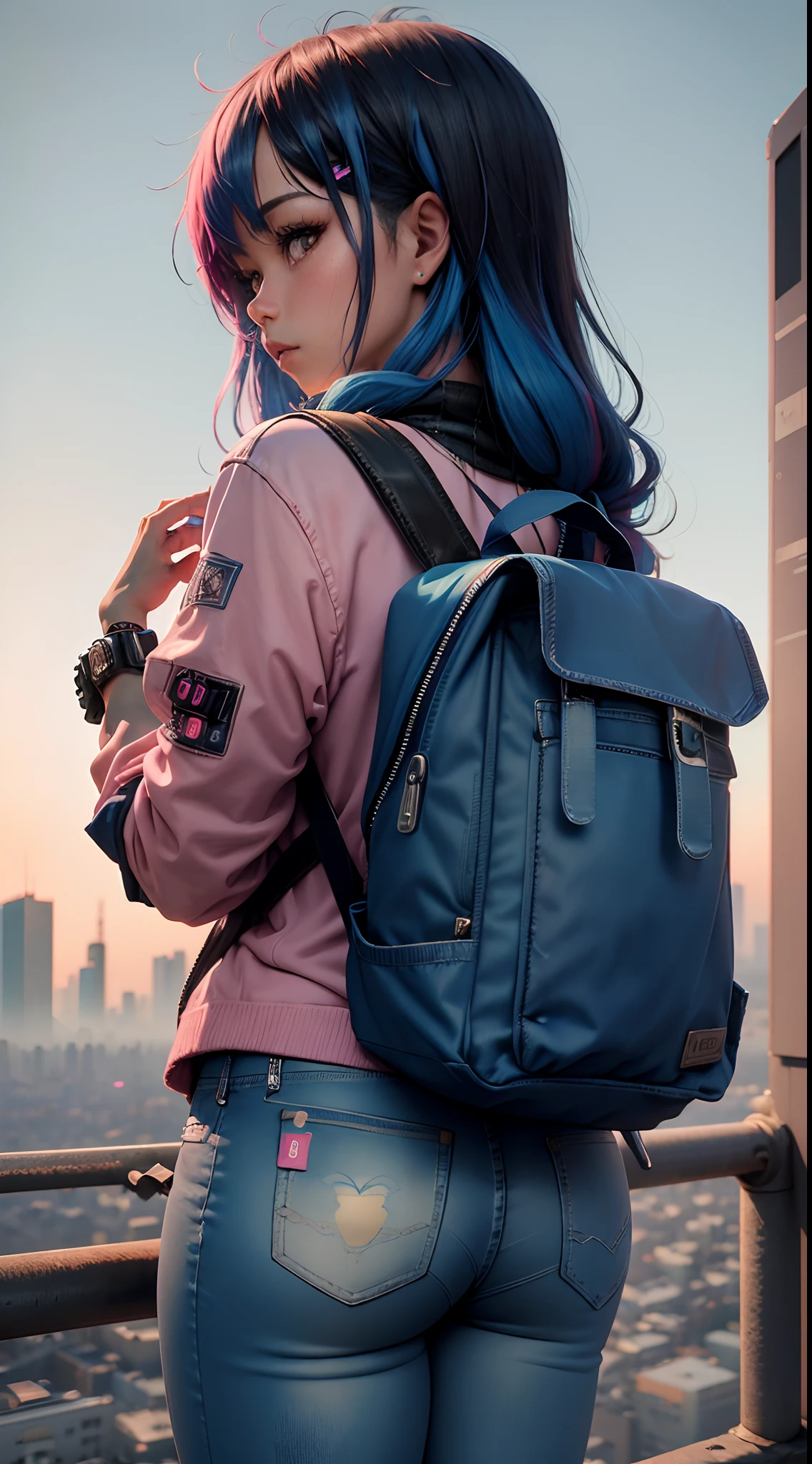 Girl with backpack on her back, En la hermosa escena de anime de Hayao Miyazaki: Tokio nevado，Enormes nubes Miyazaki flotan en el cielo azul, Encantadora nieve de la ciudad con un sol glorioso, Paisaje de Hayao Miyazaki，(La vista lateral：1.5)，(blue mini jeans:1.4),(cabello rosado:1.4),(cyberpunk:1.4),(medias red), motor irreal:1.4,UHD,La mejor calidad:1.4, fotorrealista:1.4, textura de la piel:1.4, obra maestra:1.8,