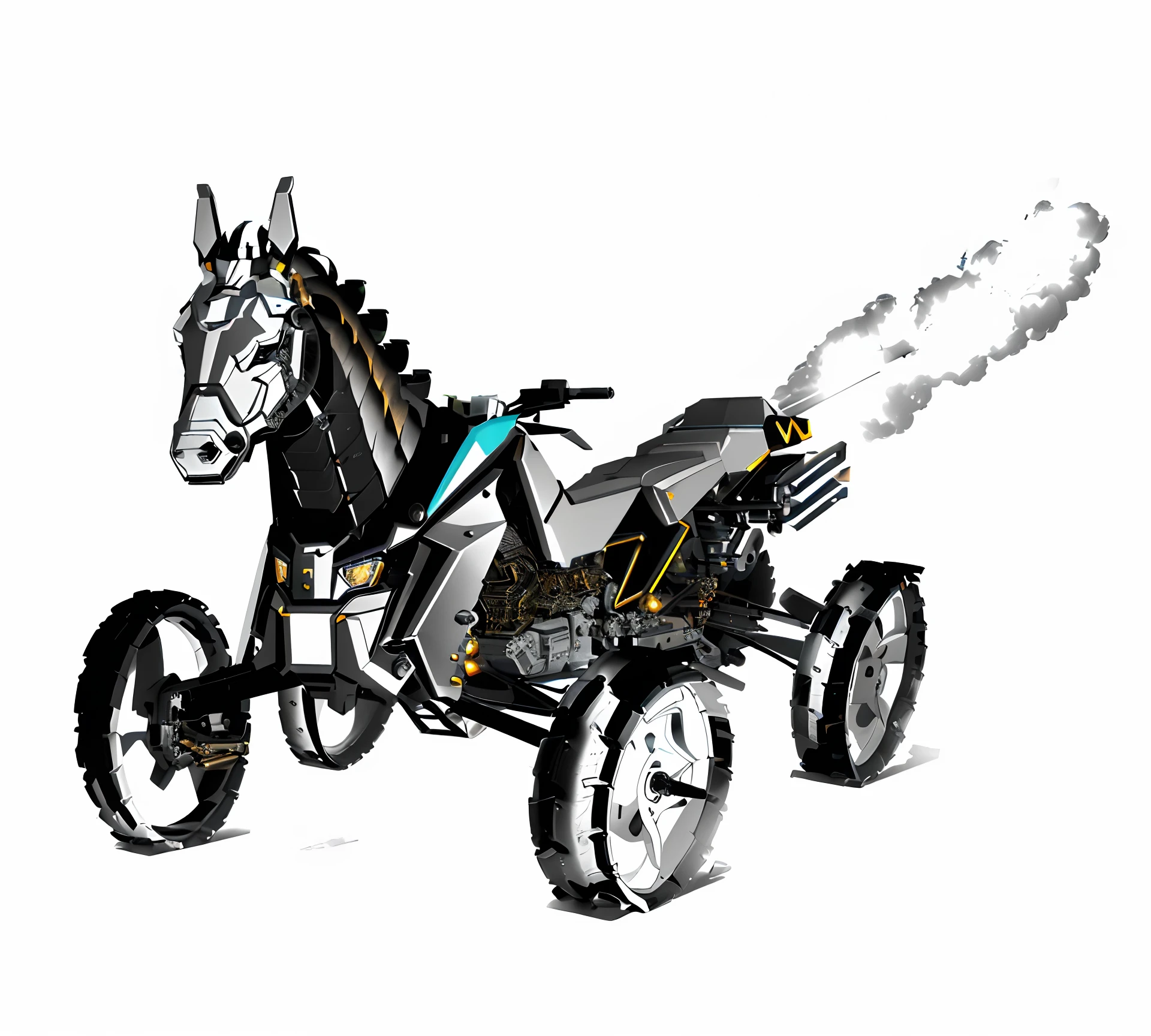 (Best quality,4K,8K,A high resolution,Masterpiece:1.2),Ultra-detailed,Mechanical dogs，Mecha creatures,Laser cannon head, Intricate mechanical details, Mechanical body, Motorcycle body composition, Tail with a jet flame, ATV tires, machine arm, Giant wheels, Mechanical beasts, Futuristic, Metallic, industry, Dynamic lighting, Vibrant colors.