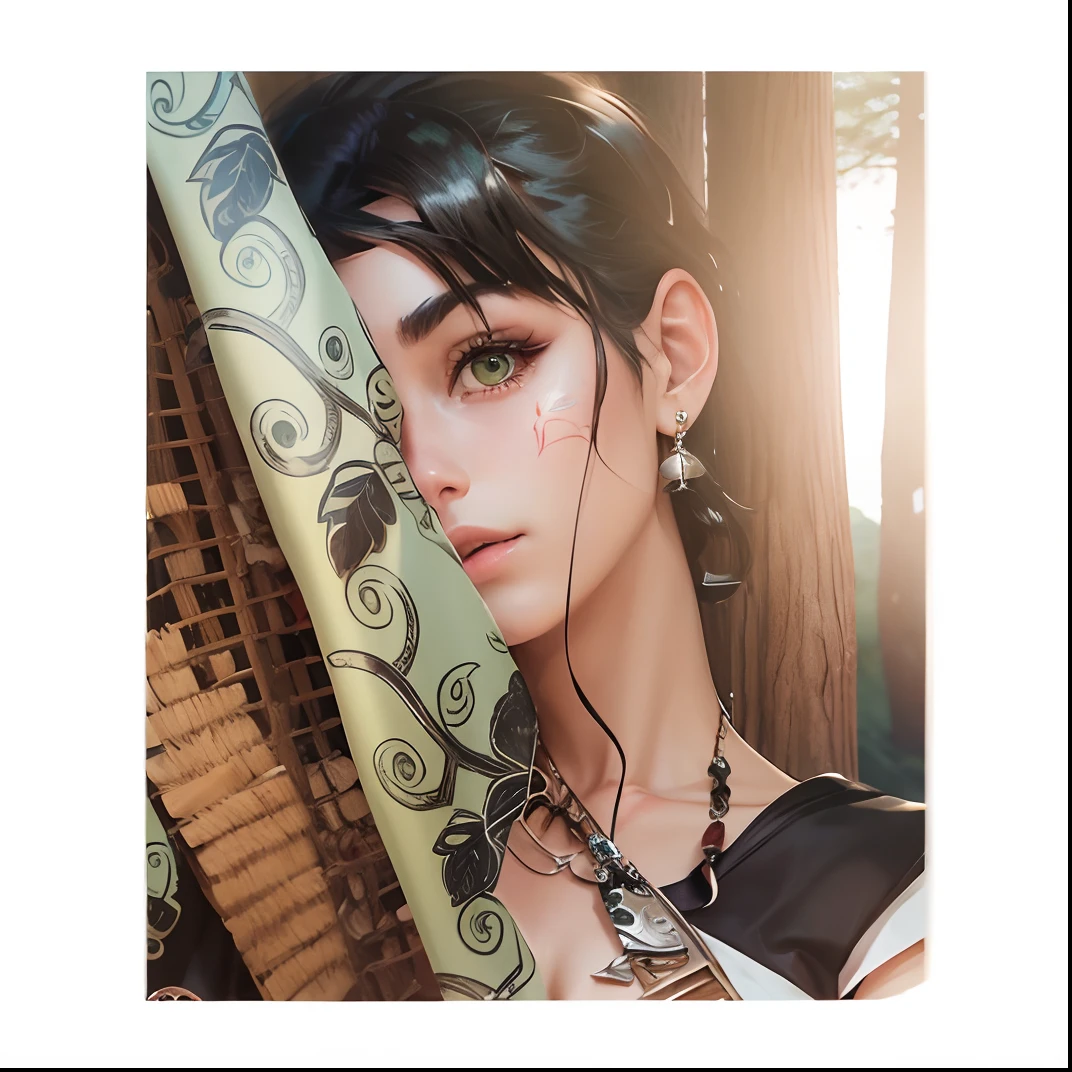 mj3d style,3dmm,3d,(masterpiece, best quality:1.1), ghibli style, san (mononoke hime), 1girl, armlet, bangs, black hair, black undershirt, breasts, cape, circlet, earrings, facepaint, floating hair, forest, fur cape, green eyes, jewelry, looking at viewer, medium breasts, nature, necklace, outdoors, parted bangs, shirt, short hair, sleeveless, sleeveless shirt, solo, tooth necklace, tree, upper body, white shirt