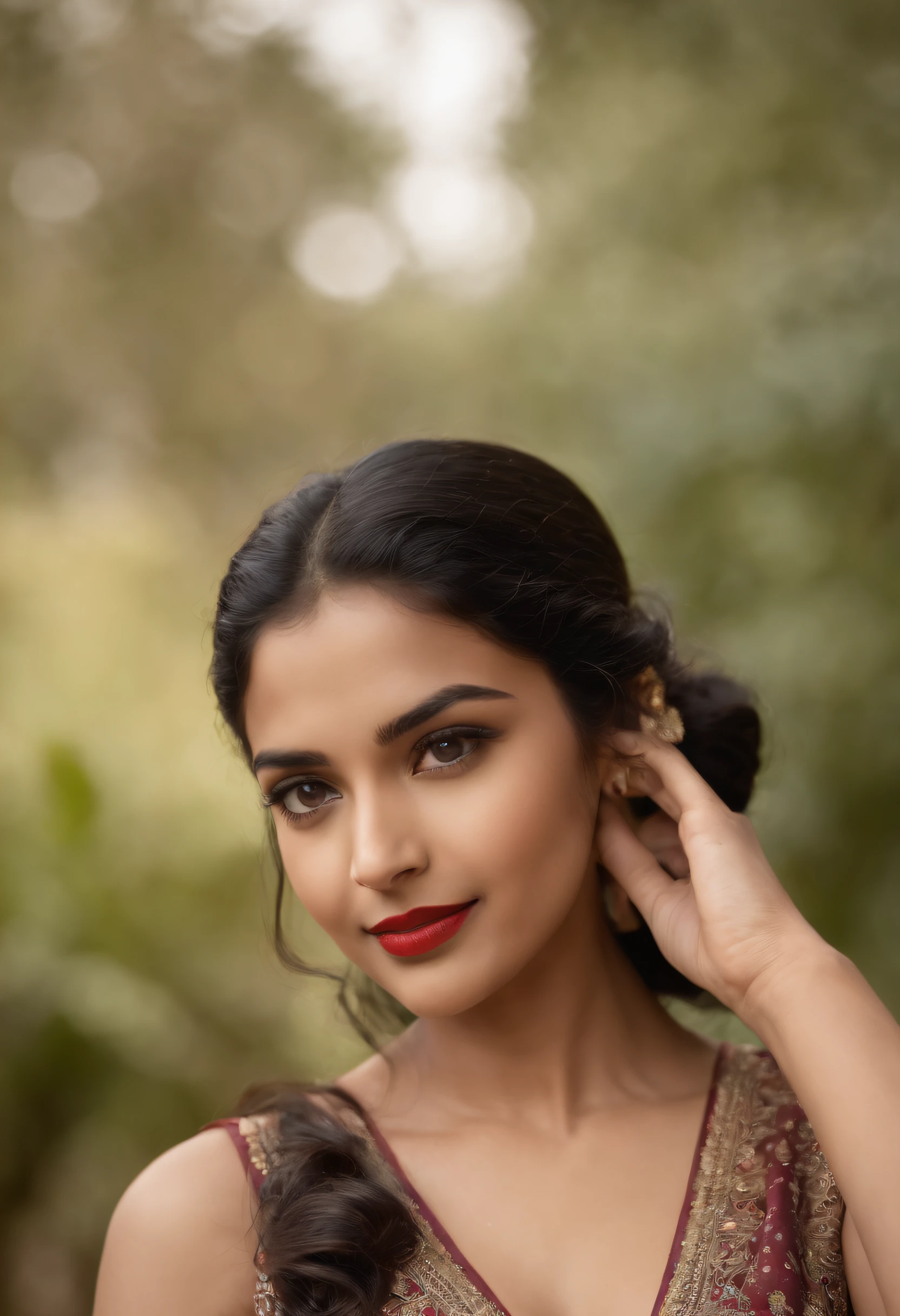 panoramic long shot of a beautiful south indian girl, dynamic pose, old classic , wavy black hair, 50s pin up style, intricate, detailed, DSLR camera , 8K UHD, deep blacks, post processing, nubian nose, protruding teeth