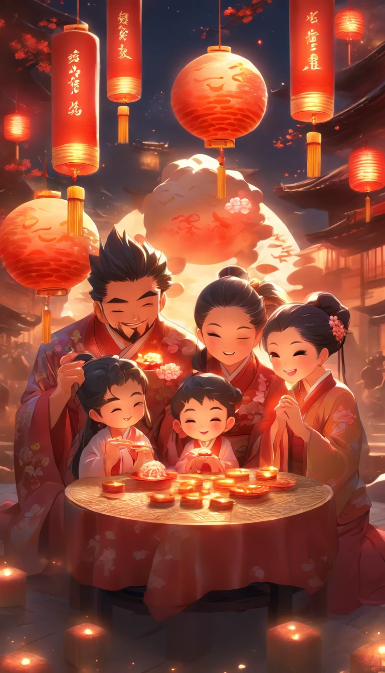 A family of three eating mooncakes，Happy expressions of parents and children，There are mooncakes on the table, Food in hand, The round moon hangs high with lanterns,Chinese style painting, exciting illustration， HD8K, Rich plot, intricate background, Rich character details, Advanced perspective, Neon night view, Rich atmosphere,Strong three-dimensionality，Perfect scene detail, The overall style is strong and vibrant.