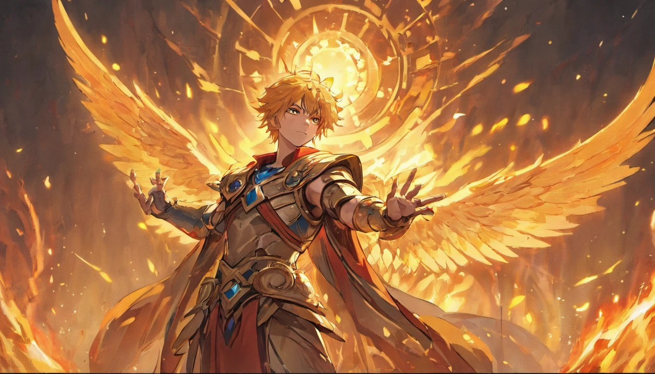 St. Giles,The ninth heir of the emperor,Wear gold power armor,Behind the back of the day, let the wings spread,Set with 3 blood-red gemstones on the chest,Holding the Sword of Truth in his hand, a raging fire burned,Sun pattern on the back,He is the sun god Apollo,Ares, the god of war,Angry Holy Blood Angel