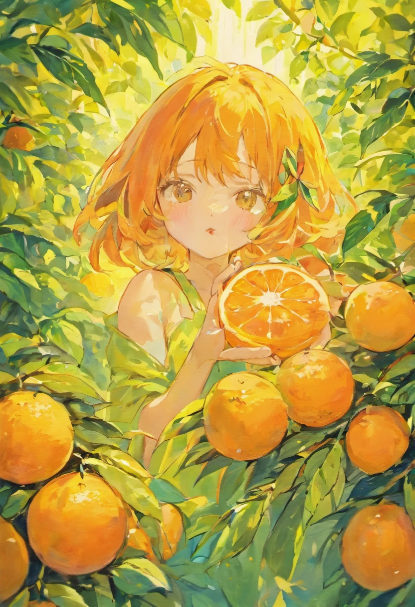 oranges,Orange leaves,painting of a,aquarelle,sketching,floa,A plant,the fruits,Cut the oranges,Ripe oranges,Orange juice flowes,Orange-yellow。Shiny,green color