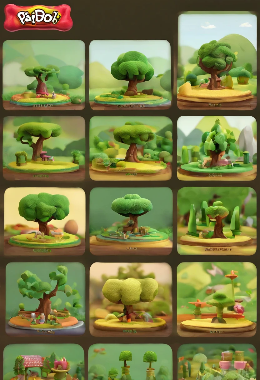 Game scene design,Game architecture design,cartoonish style,claymation style,ultra - detailed,Best quality,tmasterpiece,the trees, grassy fields,Floor tiles,massif,chests,rios,casual game style,3D
