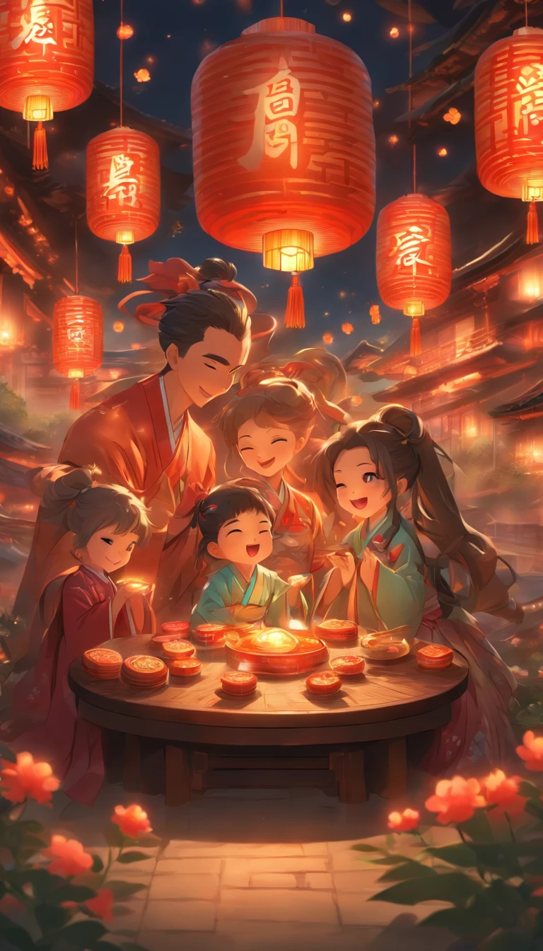 A family of three eating mooncakes,Happy expressions of parents and children,There are mooncakes on the table, Food in hand, The round moon hangs high with lanterns,Chinese style painting, exciting illustration, HD8K, Rich plot, intricate background, Rich character details, Advanced perspective, Neon night view, Rich atmosphere,Strong three-dimensionality,Perfect scene detail, The overall style is strong and vibrant.