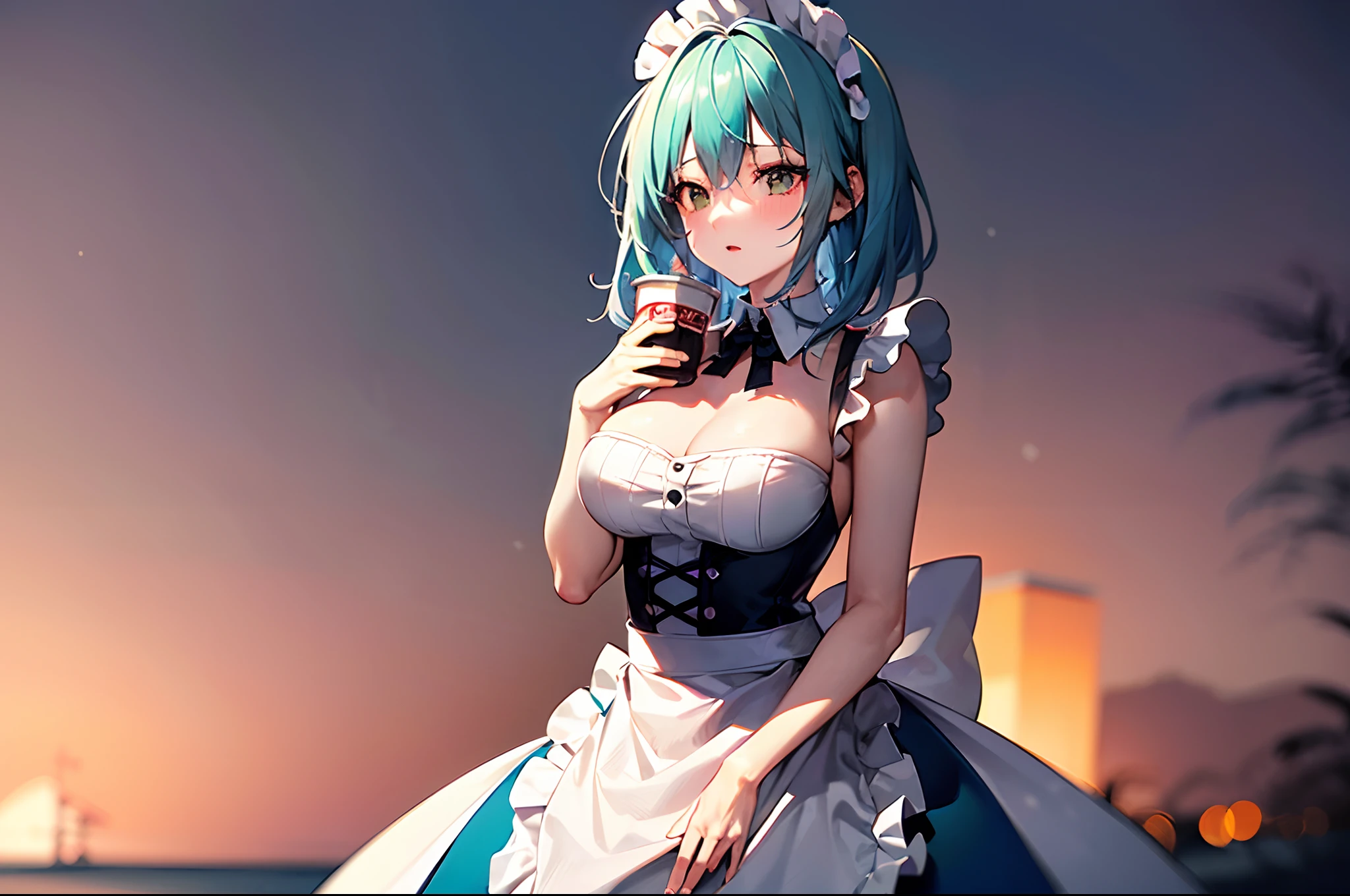 masterpiece,best quality,official art,extremely detailed CG unity 8k wallpaper,large breasts, light blue hair, beach, milk, maid, snow shelter,exposure blend, medium shot, bokeh, (hdr:1.4), high contrast, (cinematic, teal and orange:0.85), (muted colors, dim colors, soothing tones:1.3),