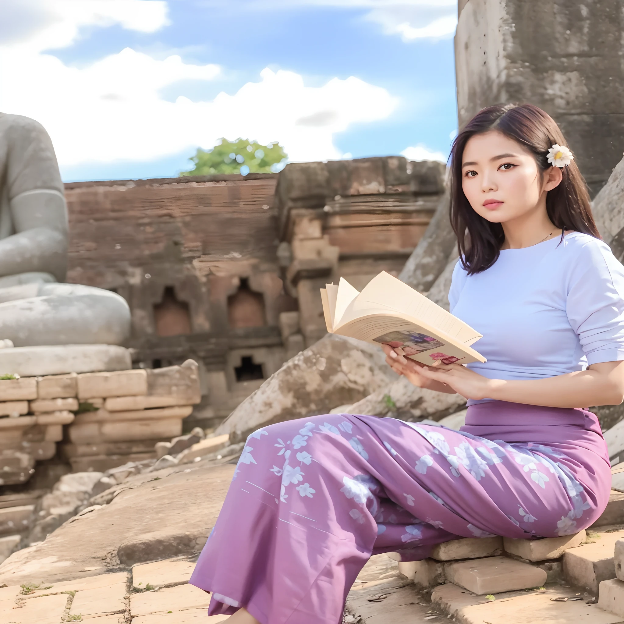 arafed woman sitting on a rock reading a book, sukhothai costume, at an ancient city, temples behind her, in front of a temple, village girl reading a book, ancient ruins behind her, anime thai girl, sitting on temple stairs, in ancient city ruins, high quality image, traditional clothes, with a castle in the background