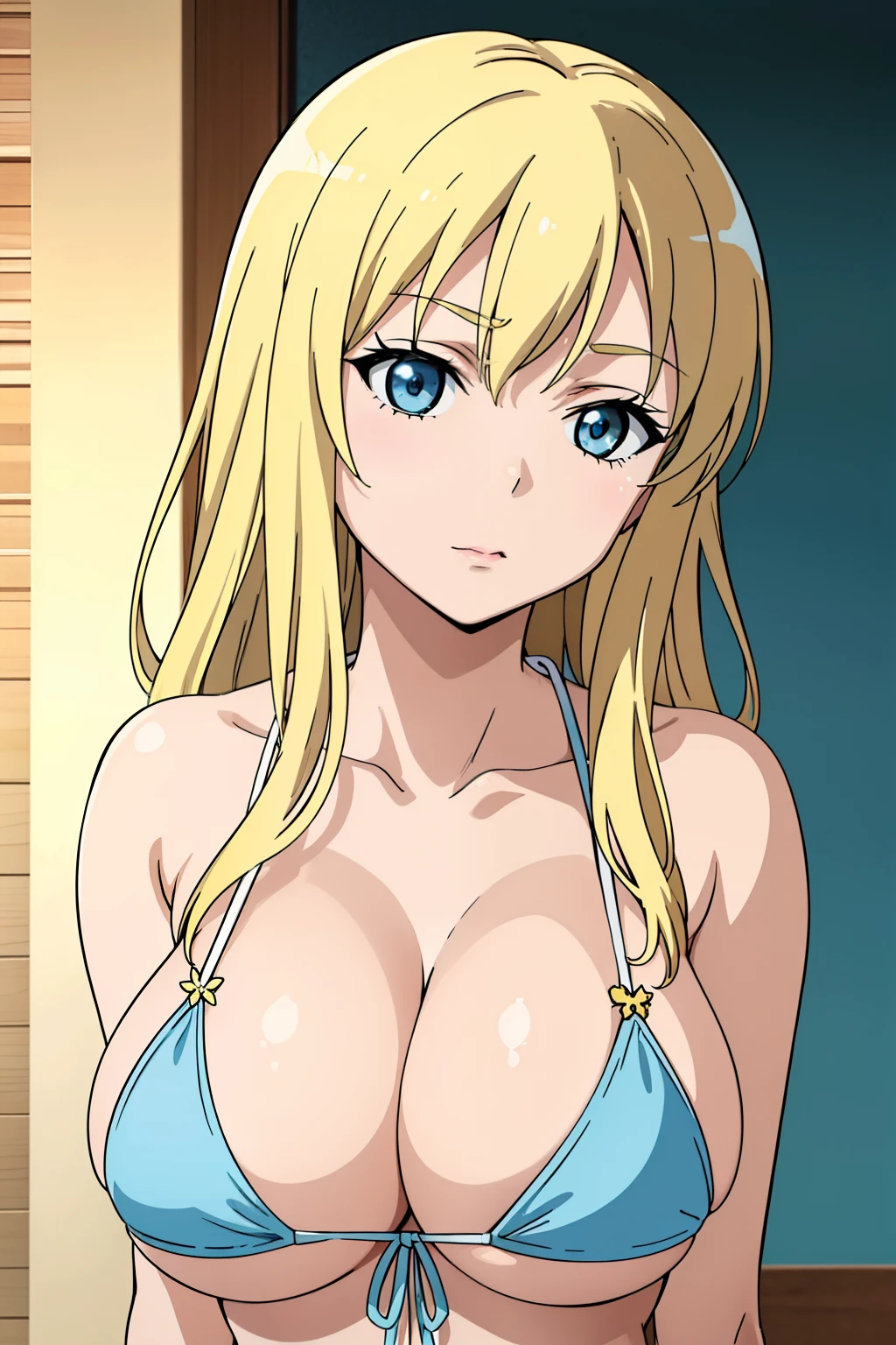 Seina Kashiwazaki, 1girl in, blonde of medium length,, (hair adornments:1.3), (huge breast), Light blue micro bikini, (upper body:1.5), sand beach