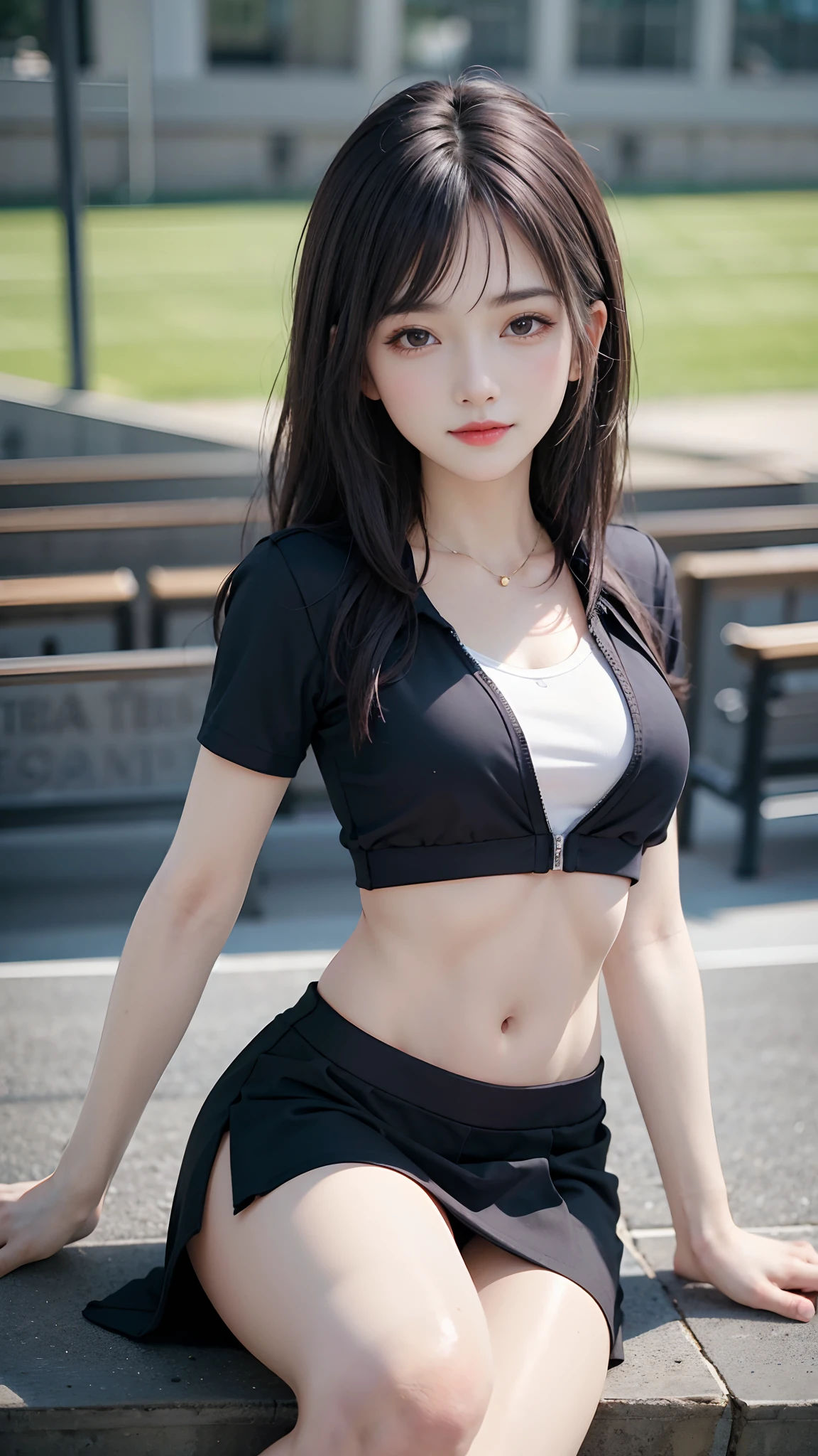 4k ultra hd, masterpiece, best quality, a girl, sports girl, happy, good face, smile, detailed eyes, detailed lips, very long hair, Multicolor floating hair, slim body, sweaty body, medium breasts, tight abs, narrow waist, golden costume, short sleeves, cropped top, opened jacket, black jacket, skirt, dark shadow, bright sunshine, stadium background, sitting pose,