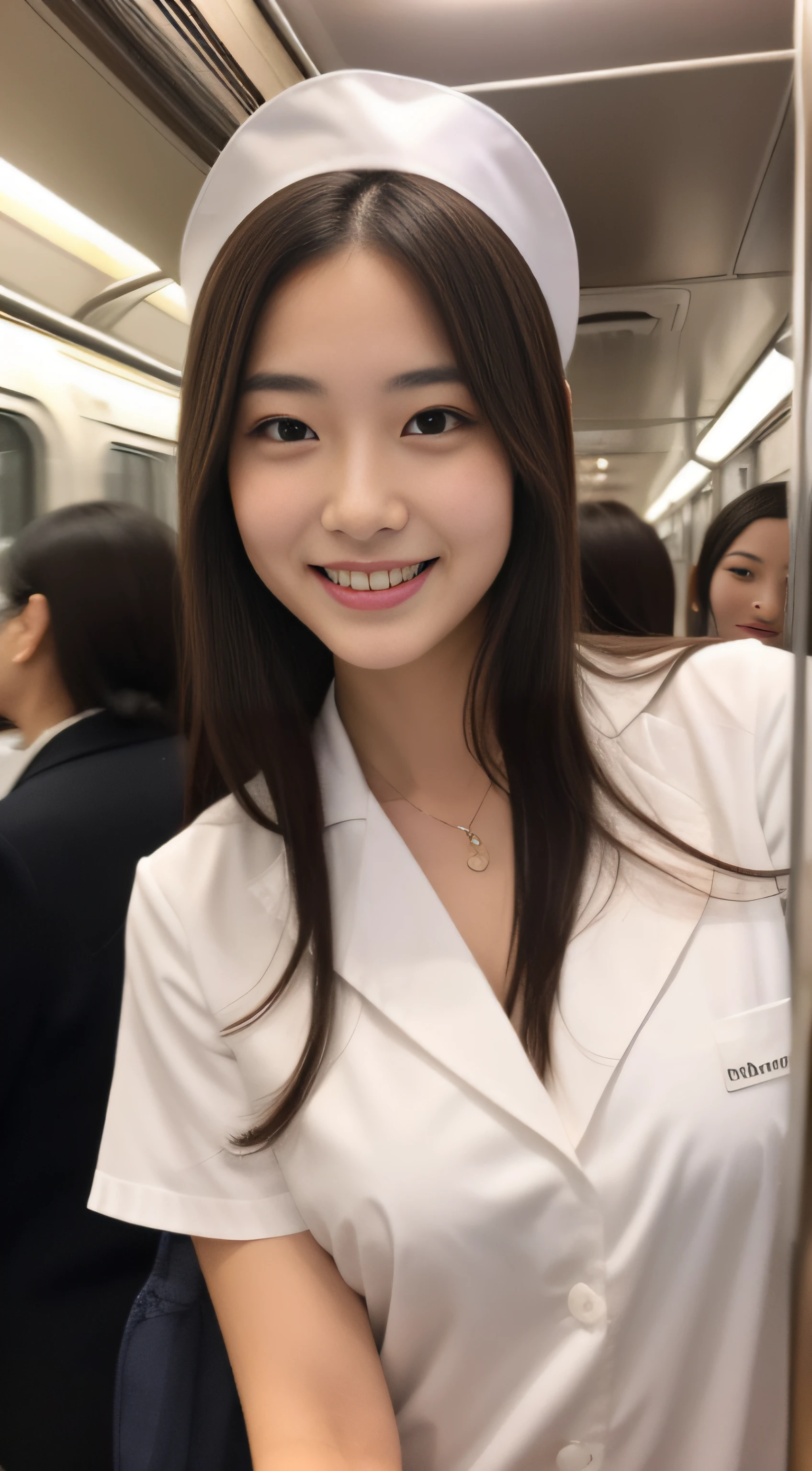 Hostess in Ginza、White nurse uniform、hiquality、A hyper-realistic、healthy、Smiling expression、Slender perfect figure、Japan beauties、beautidful eyes、face perfect、Beautiful skin、In a crowded train、Crowds