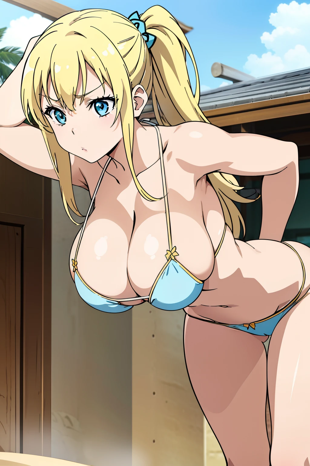 Seina Kashiwazaki, 1girl in, a blond, (hair adornments), (huge breast), Light blue micro bikini, (upper body:1.5), ((bent over:1.5)), sand beach