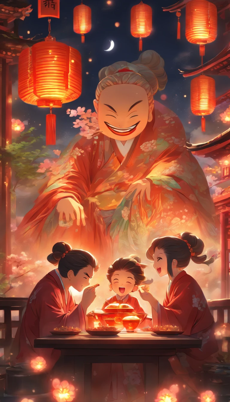 A family of three eating mooncakes，Happy expressions of parents and children，There are mooncakes on the table, Food in hand, The round moon hangs high with lanterns,Chinese style painting, exciting illustration， HD8K, Rich plot, intricate background, Rich character details, Advanced perspective, Neon night view, Rich atmosphere,Strong three-dimensionality，Perfect scene detail, The overall style is strong and vibrant.