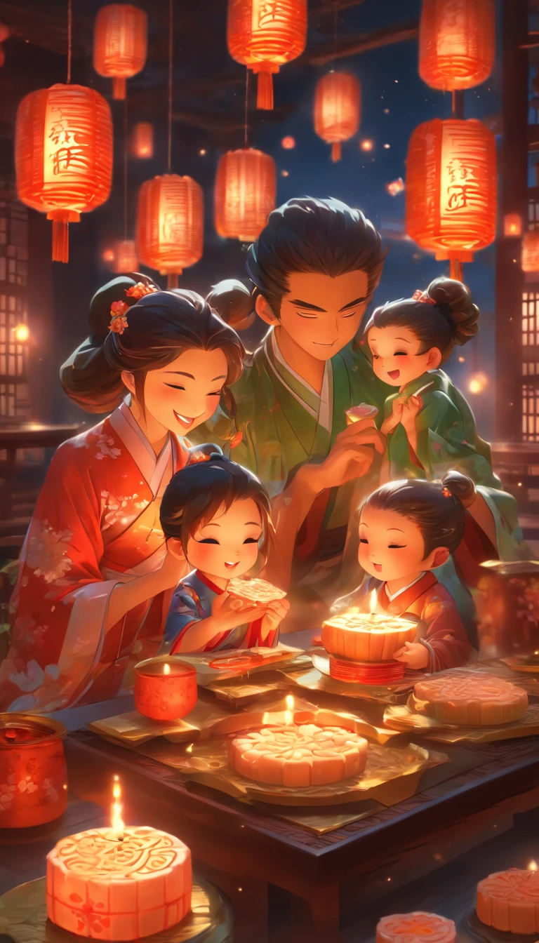 A family of three eating mooncakes,Happy expressions of parents and children,There are mooncakes on the table, Food in hand, The round moon hangs high with lanterns,Chinese style painting, exciting illustration, HD8K, Rich plot, intricate background, Rich character details, Advanced perspective, Neon night view, Rich atmosphere,Strong three-dimensionality,Perfect scene detail, The overall style is strong and vibrant.