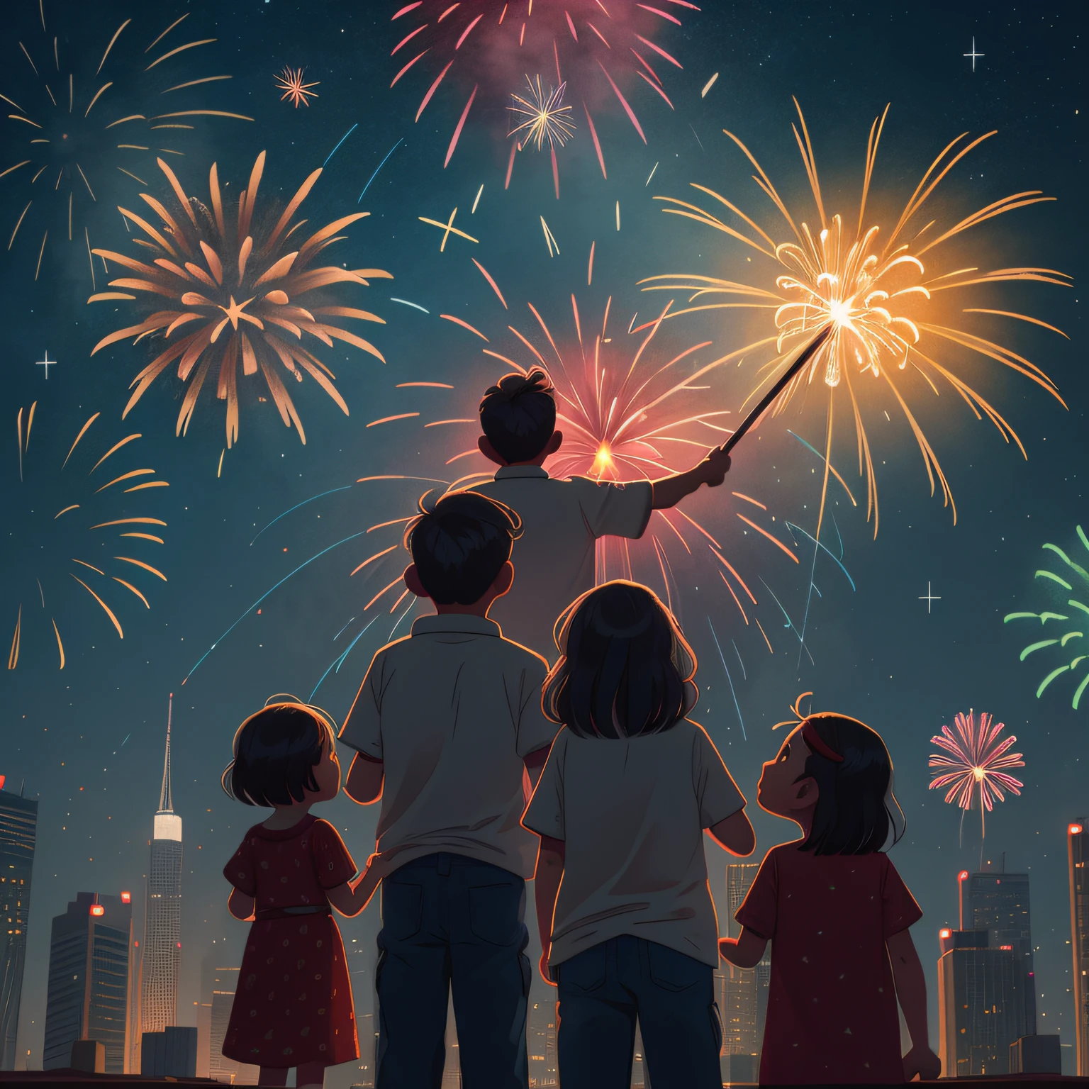 fathery，Mom and daughter watching fireworks on the rooftop, Flag in hand，wielding，Back shadow，Starry night, Happy skyscrapers and fireworks in the background，From below， (from below),Ultra-Wide Angle，Illuminate the edges，A high resolution，Hyper-detailing，