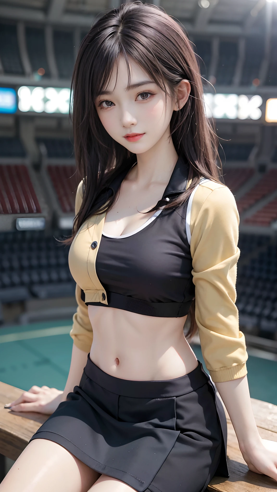 4k ultra hd, masterpiece, best quality, a girl, sports girl, happy, good face, smile, detailed eyes, detailed lips, very long hair, Multicolor floating hair, slim body, sweaty body, medium breasts, tight abs, narrow waist, golden costume, short sleeves, cropped top, opened jacket, black jacket, skirt, dark shadow, bright sunshine, stadium background, sitting pose,