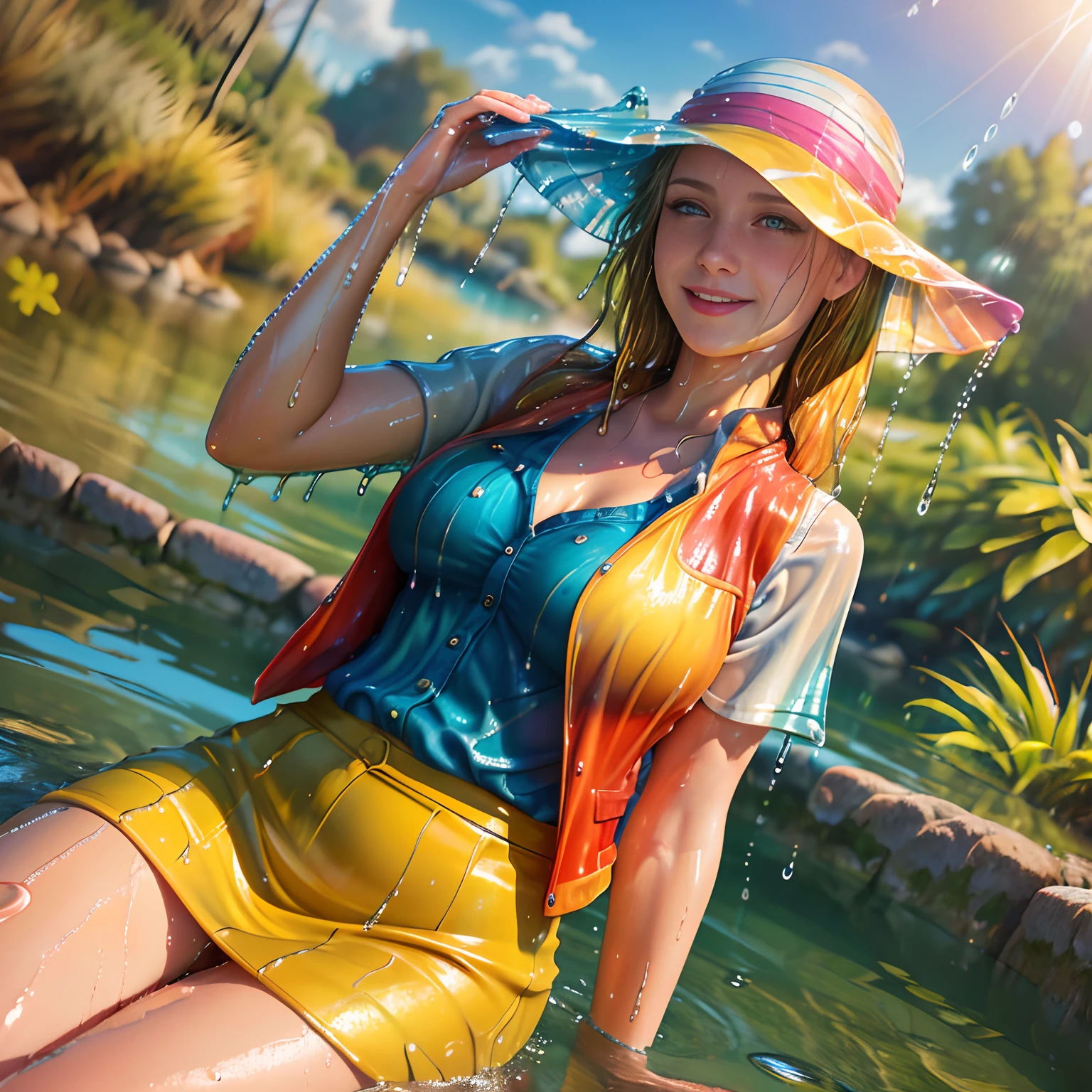 (Browsing Caution),One person, ((Green kimono-like swimsuit)), long kimono, (Off the shoulder, Cleavage, Large Breasts), Swimming pool、Floral print, , (barefoot）、short hair, Sandals, whole body, Are standing, (whole body像),(masterpiece, high quality, 最high quality), (colorful),(Delicate eyes and face), Volumetric Light, Ray Tracing, Highly detailed CG Unity 8k wallpaper,alone, ((Flying petals)), Outdoor, ,Flowers,  blue sky, sunlight,