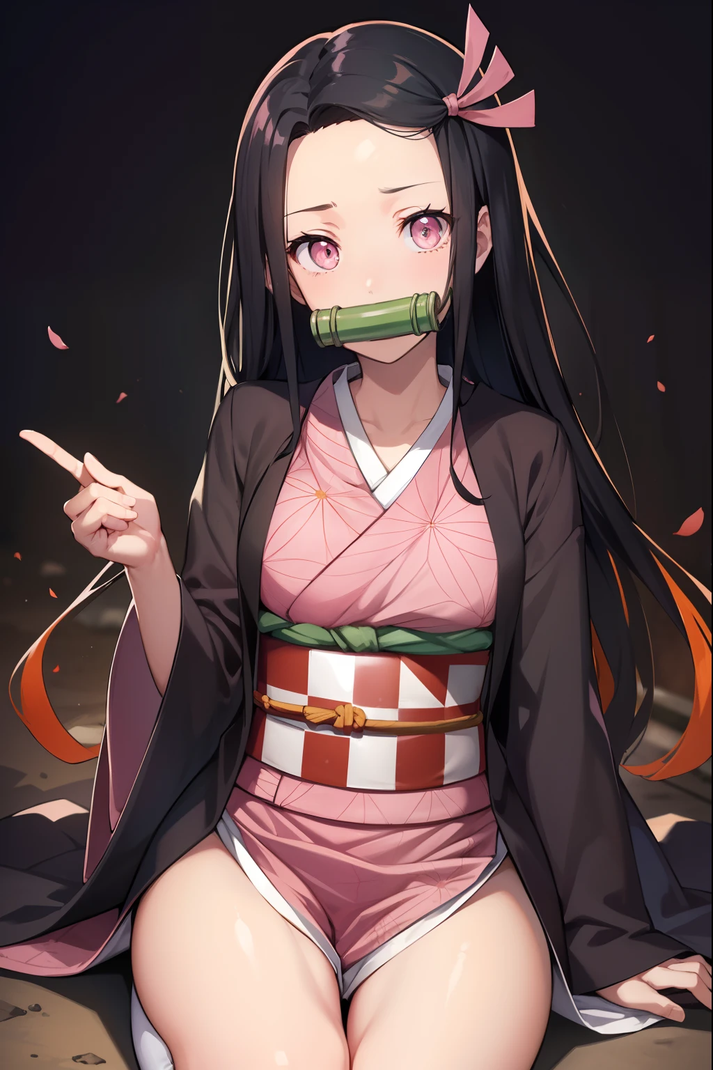 Nezu furnace, Nezuko Kamado, Bamboo, (bit gag:1.5), Black hair, (Forehead:1.5), gag, Gagged, Hair Ribbon, Long hair, multicolored hair, (Pink eyes:1.5), Orange hair, Slit pupils, Wavy Hair, Two-tone hair,
Break asa is not (Pattern), Checkered sash, haori, komono, Kimono, Long sleeves, Obi, Pink kimono, sash, wariza,  Wide sleeves,
BREAK looking at viewer,
Break indoors,
BREAK (masutepiece:1.2), Best Quality, High resolution, Unity 8k壁纸, (Illustration:0.8), (Beautiful detailed eyes:1.6), extra detailed face, Perfect Lighting, extremely details CG, (Perfect hands, Perfect Anatomy),Retreat,