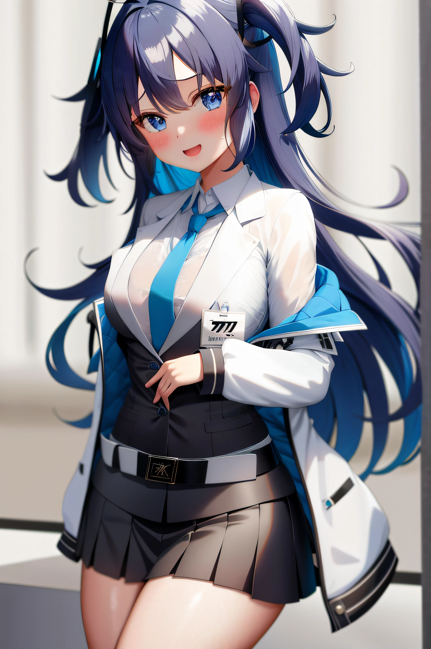 1girl, Bangs, Belt, Black jacket, Black skirt, Blue tie, Blushing, Chest, Collared shirt, Formal, Hello, Hands at waist, ID card, Jacket, Long hair, Long sleeve, View Viewer, Middle chest, Multicolored jacket, Tie, Off shoulder, Open clothing, Open jacket, Parted bangs, Pleated skirt, Blue eyes, Blue hair, Shirt, Simple background, Skirt, Smile, Solo, Suit, Both sides up, White background, white obi, white jacket, white shirt, Yuka (Blue Archive), masterpiece, Hi-Res, (Best Quality: 1.2)