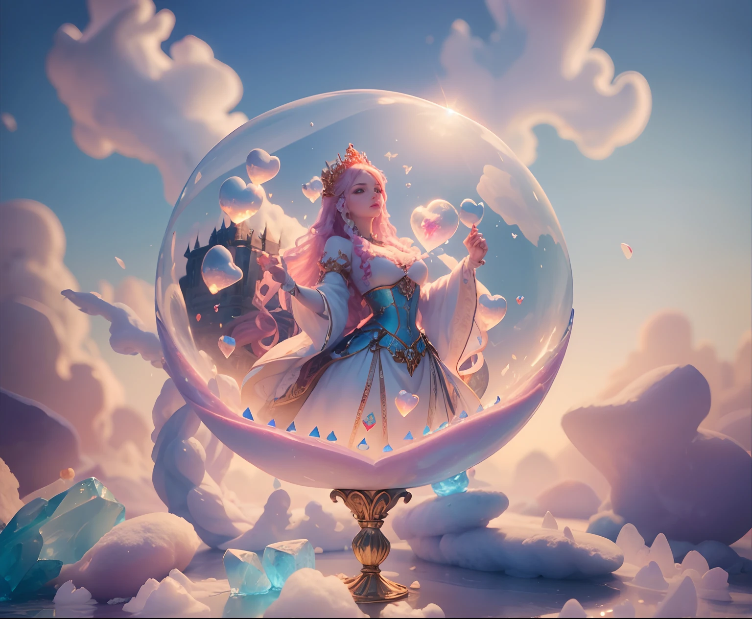 A beautiful Queen of hearts Goddess,  8k Resolution,  Rendered Hyper Realistic,  Intricate Detail lives in an frosty heart shaped ice bubble,  a fanciful place filled with castles,  cotton candy,  pawns playing cards and fluffy clouds,  An intricate visual representation of computer programing,  rendered in 24k resolution with intricate details and symbols.