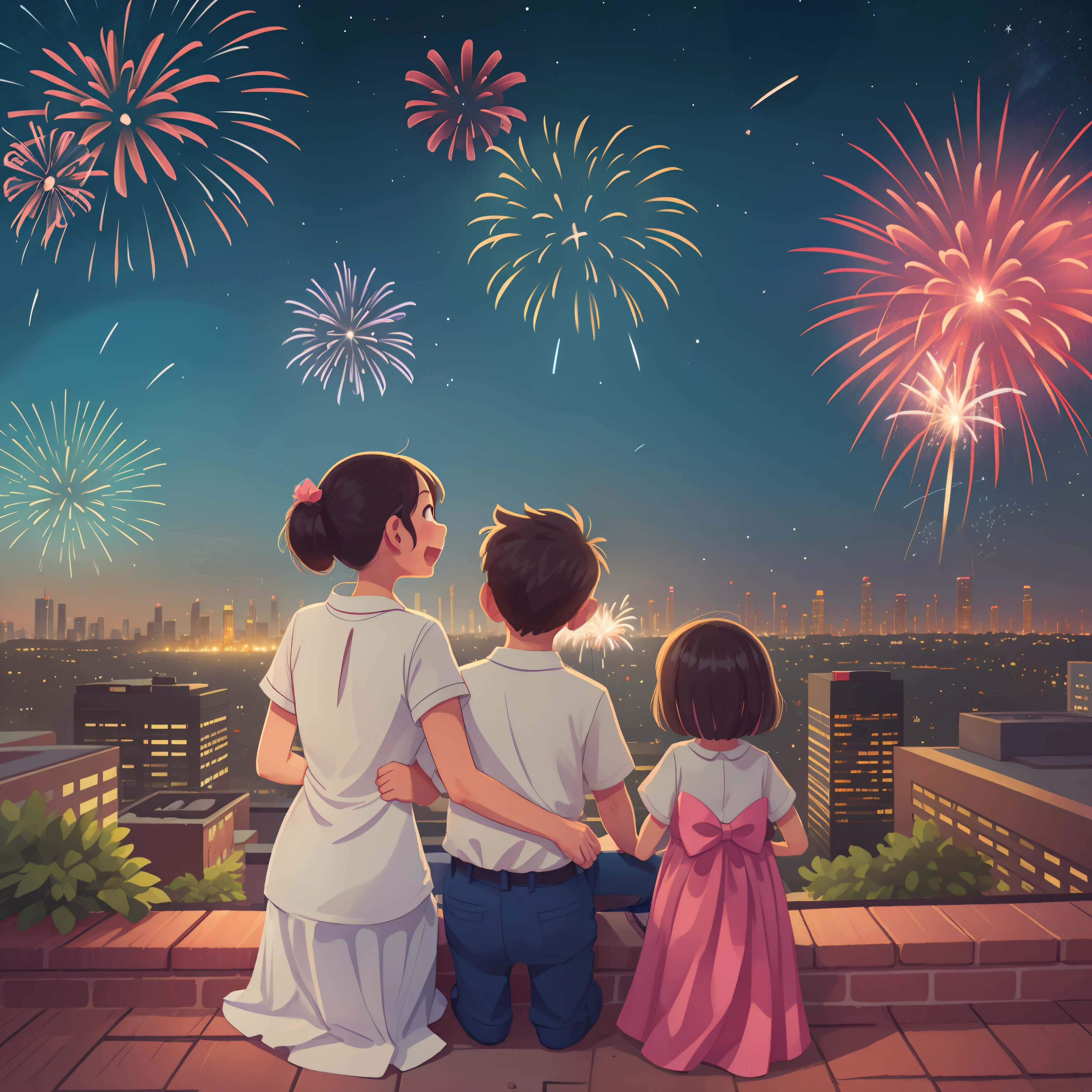 daddy,Mom and daughter watching fireworks on the rooftop, Back Shadow,Starry night, Happy skyscrapers and fireworks in the background,From below,Illuminate the edges,A high resolution,Hyper-detailing,