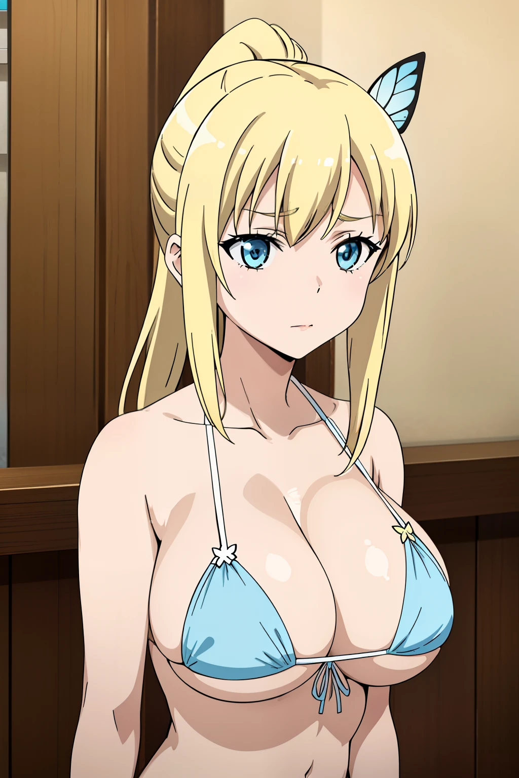 Seina Kashiwazaki, 1girl in, a blond, ponytail, butterfly hair ornament, (huge breast), Light blue micro bikini, (upper body:1.5), sand beach