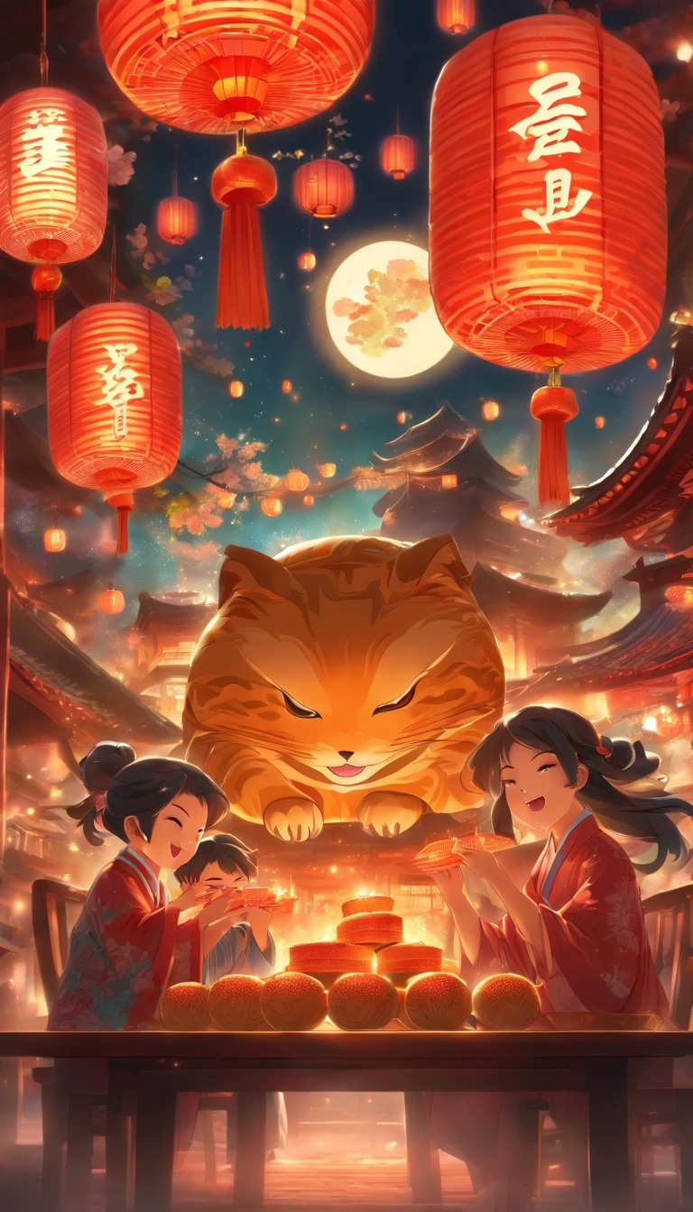 A family of three eating mooncakes,Happy expressions of parents and children,There are mooncakes on the table, Food in hand, The round moon hangs high with lanterns,Chinese style painting, exciting illustration, HD8K, Rich plot, intricate background, Rich character details, Advanced vista perspective, Neon night view, Rich atmosphere,Strong three-dimensionality,Perfect scene detail, The overall style is strong and vibrant.
