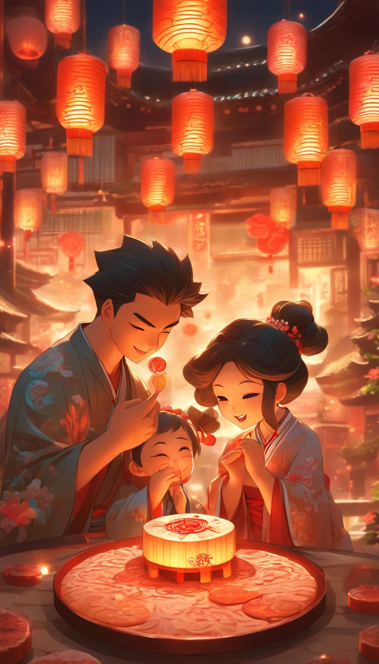 A family of three eating mooncakes,Happy expressions of parents and children,There are mooncakes on the table, Food in hand, The round moon hangs high with lanterns,Chinese style painting, exciting illustration, HD8K, Rich plot, intricate background, Rich character details, Advanced vista perspective, Neon night view, Rich atmosphere,Strong three-dimensionality,Perfect scene detail, The overall style is strong and vibrant.