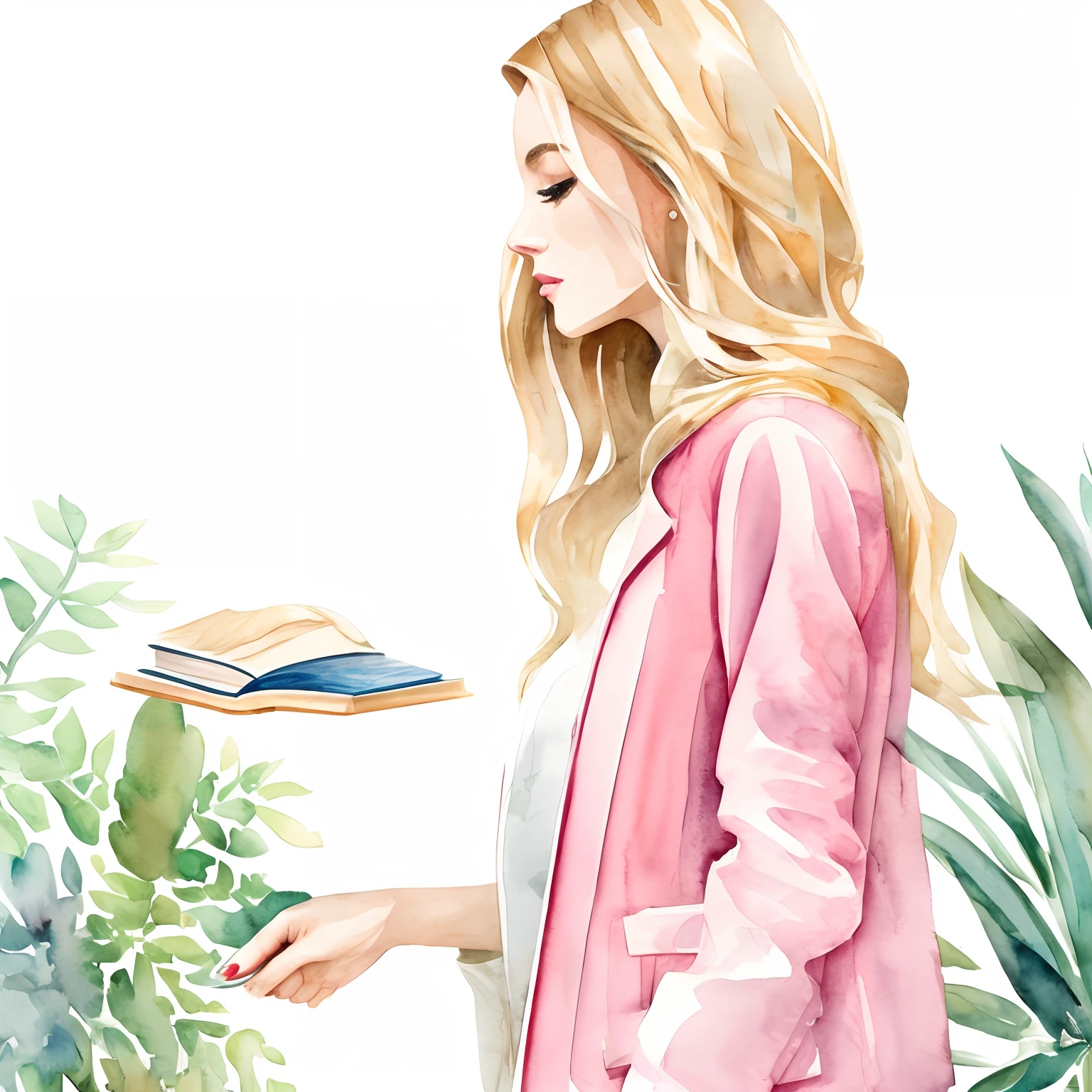 Kasiq jungwoo watercolor art, blonde woman thin hair, jacket, elegant, library, book, plant