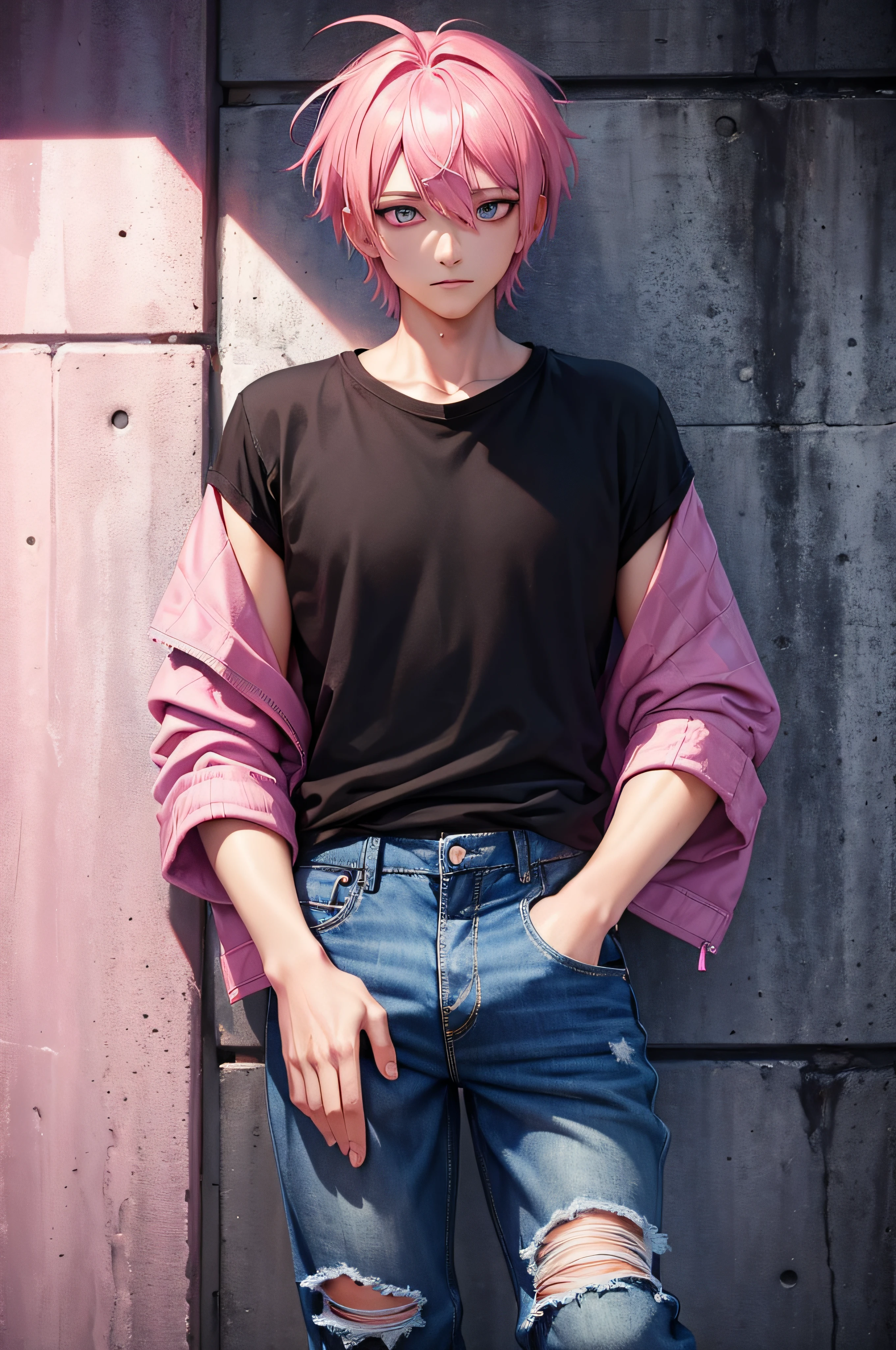 1 man, pink hair, looking at viewer, star of david eyes, black shirt, denim pants, 1 purple slime