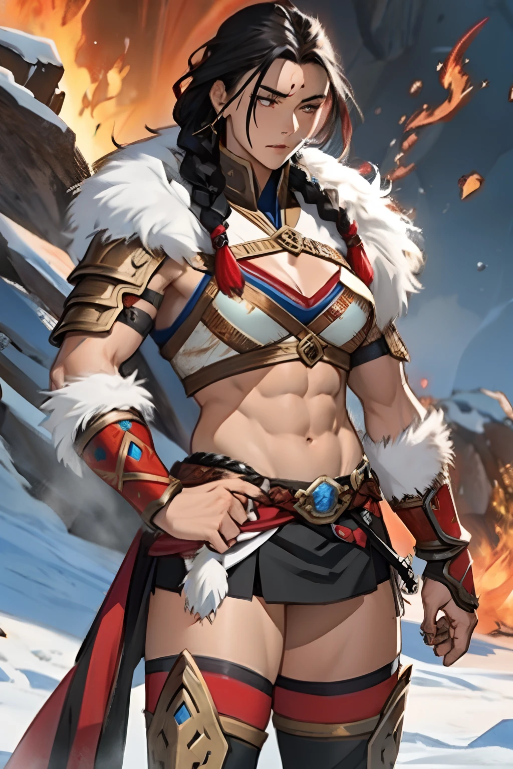 fire and ice, 1girl, mature female, black hair with thick braids, barbarian woman, scars, markings, armor, fur, thighhighs, skindentation, muscular, toned, abs, fantasy