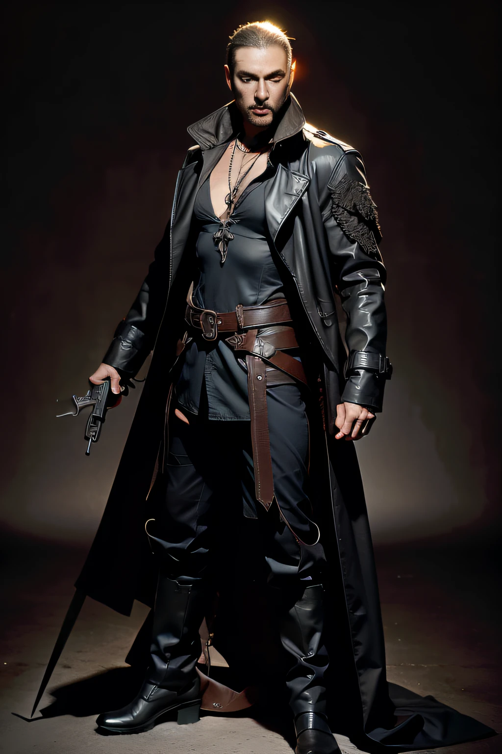 Demon hunter, Full body like, Diablo style, male people, Vintage magic,Vintage trench coat,leather clothes,Trench coat with lapels, metal decoration,Armed with a short gun,Glow magic pistol, hyper HD, Masterpiece, Textured skin, Anatomically correct, Best quality