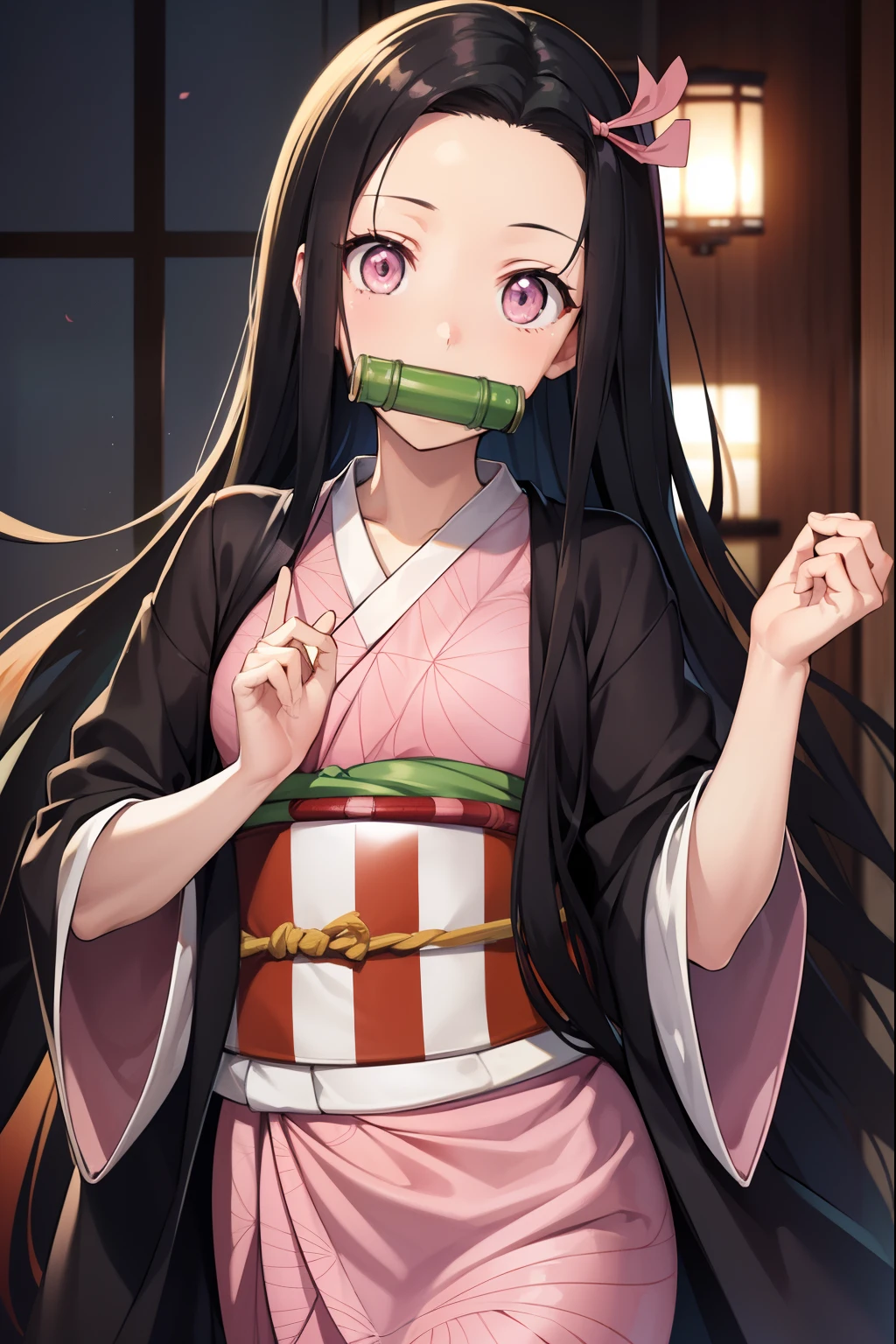 Nezu furnace, Nezuko Kamado, Bamboo, (bit gag:1.5), Black hair, (Forehead:1.5), gag, Gagged, Hair Ribbon, Long hair, multicolored hair, (Pink eyes:1.5), Orange hair, Slit pupils, Wavy Hair, Two-tone hair,
Break asa is not (Pattern), Checkered sash, haori, komono, Kimono, Long sleeves, Obi, Pink kimono, sash, wariza,  Wide sleeves,
BREAK looking at viewer,
Break indoors,
BREAK (masutepiece:1.2), Best Quality, High resolution, Unity 8k壁纸, (Illustration:0.8), (Beautiful detailed eyes:1.6), extra detailed face, Perfect Lighting, extremely details CG, (Perfect hands, Perfect Anatomy),Retreat,