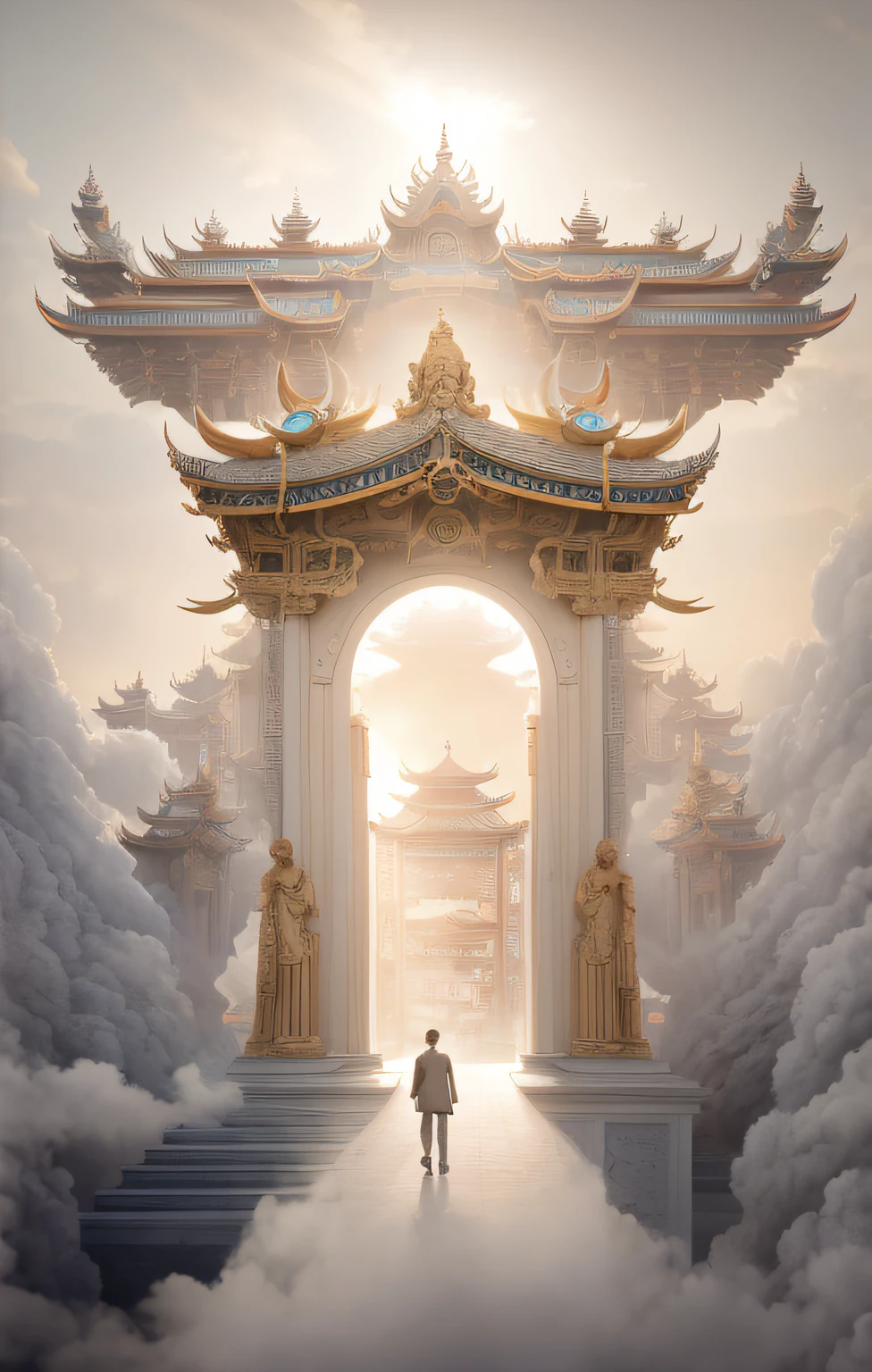 (best quality,4k,8k,highres,masterpiece:1.2),ultradetailed,cloud man standing in front of a door, intricate and epic composition, highly detailed surreal visual effects, exquisite matte painting, gate to heaven, luxurious matte painting, gate to heaven, hyperrealistic | Beaux-Arts, transcendental state, Beaux-Arts and Mike Winkelmann, complex matte painting, exquisite matte painting, astonishing epic visual effects, Chinese classical, high-definition carving, ribbed vault structure, extremely intricate,