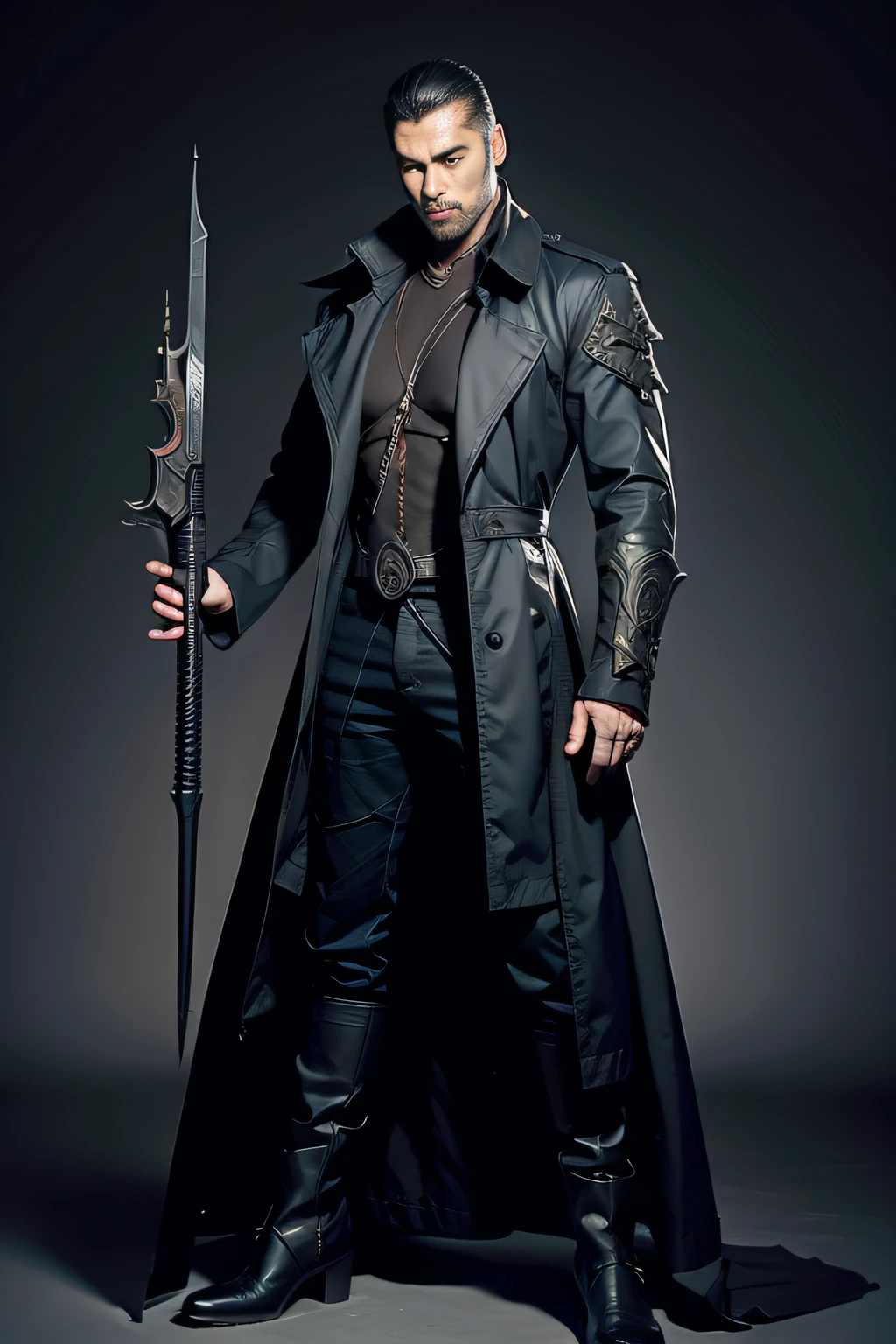 Demon hunter, Full body like, Diablo style, male people, Vintage magic,Vintage trench coat,Trench coat with lapels, metal decoration,With a pistol in hand,Magic pistol, hyper HD, Masterpiece, Textured skin, Anatomically correct, Best quality