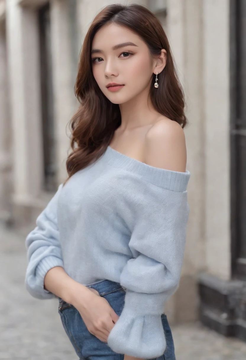((best qualtiy,8k,tmasterpiece:)), 1girll, ssmile, full bodyesbian, Slim Faces, Beautiful woman,Asian women (dark brown hair)Wear silver earrings, Wear a simple necklace in silver, Wear a silver watch ,Wear a light pink skinny knit sweater, Wear denim flared pants, Wear blue board shoes, White canvas bag over the shoulder,: Super detailed face, Detailed eyes, 二重まぶた, blur backgroun, Slim Faces, 城市, do lado de fora, cafe shop ,in a panoramic view