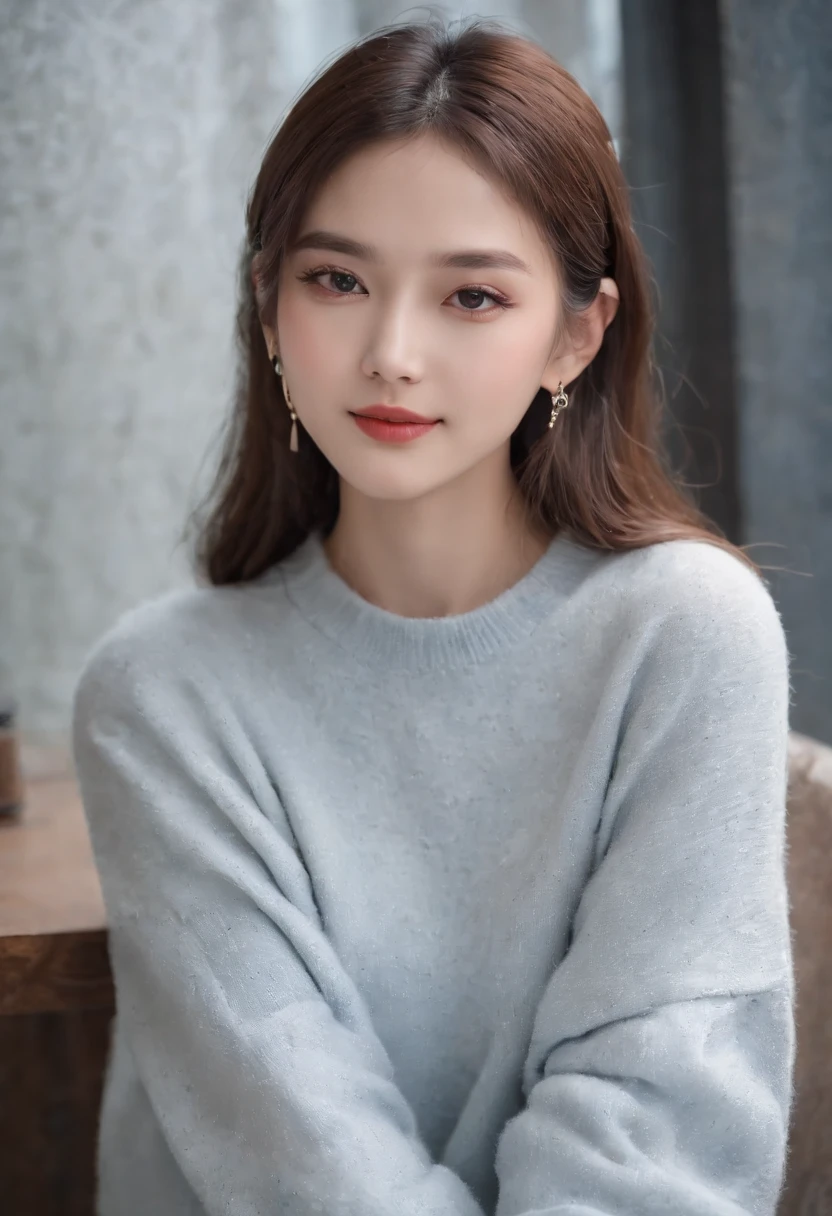 ((best qualtiy,8k,tmasterpiece:)), 1girll, ssmile, full bodyesbian, Slim Faces, Beautiful woman,Asian women (dark brown hair)Wear silver earrings, Wear a simple necklace in silver, Wear a silver watch ,Wear a light pink skinny knit sweater, Wear denim flared pants, Wear blue board shoes, White canvas bag over the shoulder,: Super detailed face, Detailed eyes, 二重まぶた, blur backgroun, Slim Faces, 城市, do lado de fora, cafe shop ,in a panoramic view