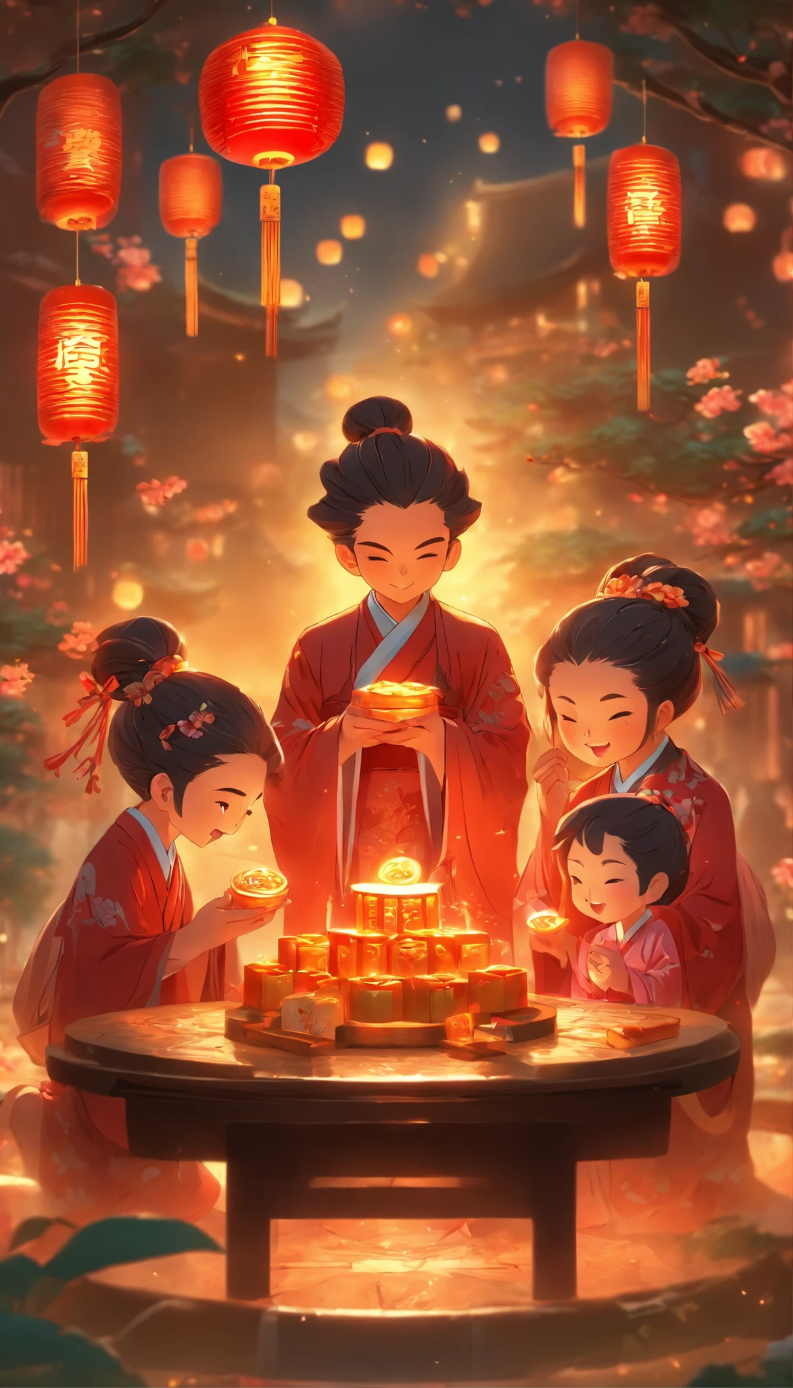 A family of three eating mooncakes,Happy expressions of parents and children,There are mooncakes on the table, Food in hand, The round moon hangs high with lanterns,Chinese style painting, exciting illustration, HD8K, Rich plot, intricate background, Rich character details, Advanced vista perspective, Neon night view, Rich atmosphere,Strong three-dimensionality,Perfect scene detail, The overall style is strong and vibrant.