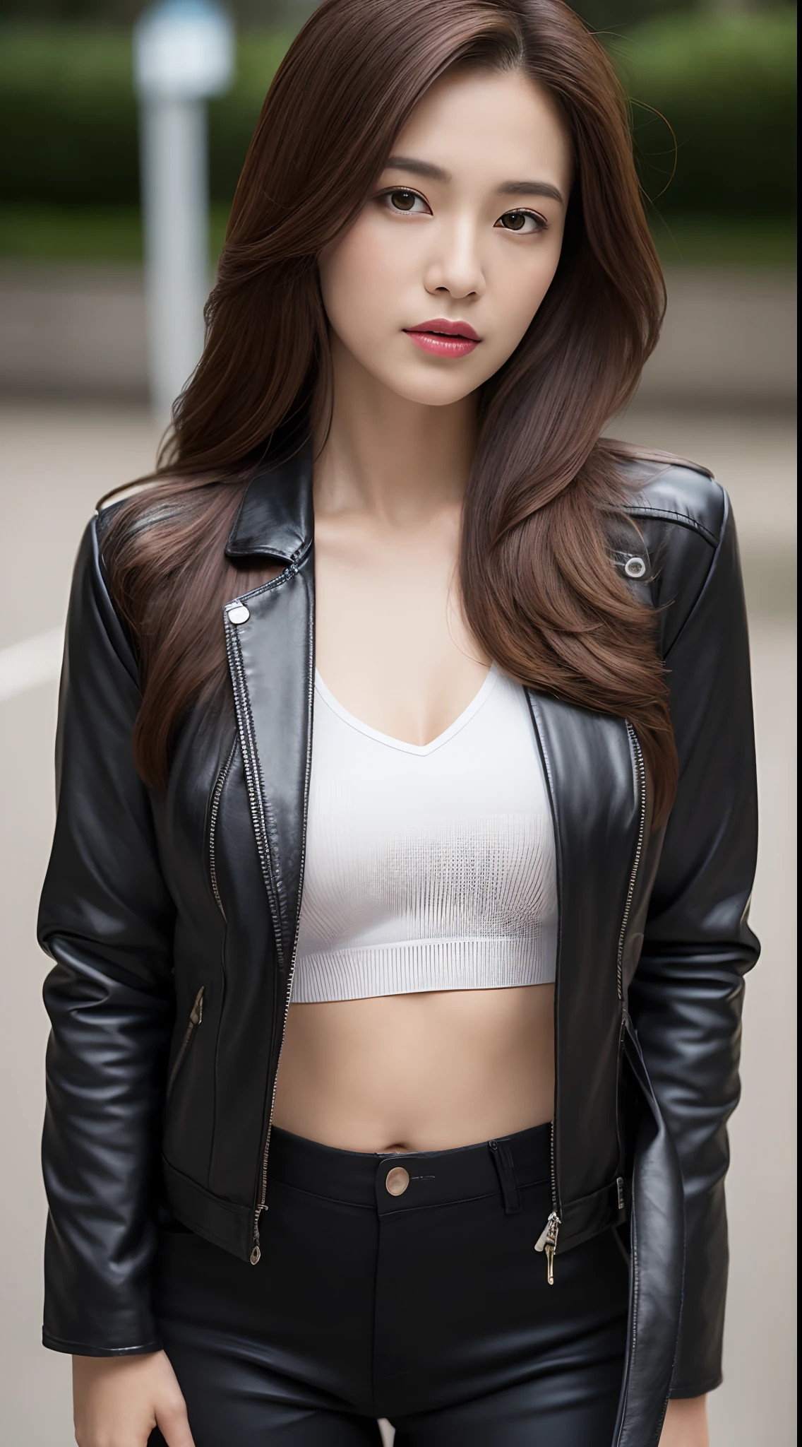 ((Best Quality, 8K, Masterpiece: 1.3, Realistic)), Midnight, Night lighting: 1.2, Full Body: 1.4, Sharp focus: 1.2 Slender Abs: 1.2, ((Long brown hairstyle, Medium Breasts: 1.2)), (Black leather jacket: 1.1, Black tight rider pants: 1.1, Standing: 1.2), (Outdoor, Sport bike, Labor background: 1.1), Highly detailed face and skin texture, detailed eyes, double eyelids, Side face looking at the camera, full body camera view