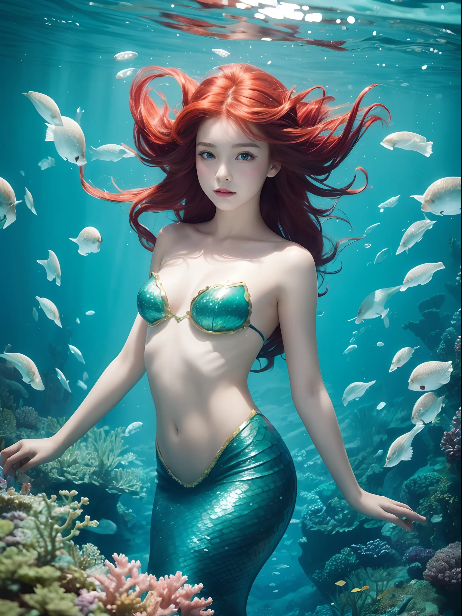 8K、Girl dressed as The Little Mermaid Underwater - Sea、mermaid、12-year-old beautiful girl、realistic