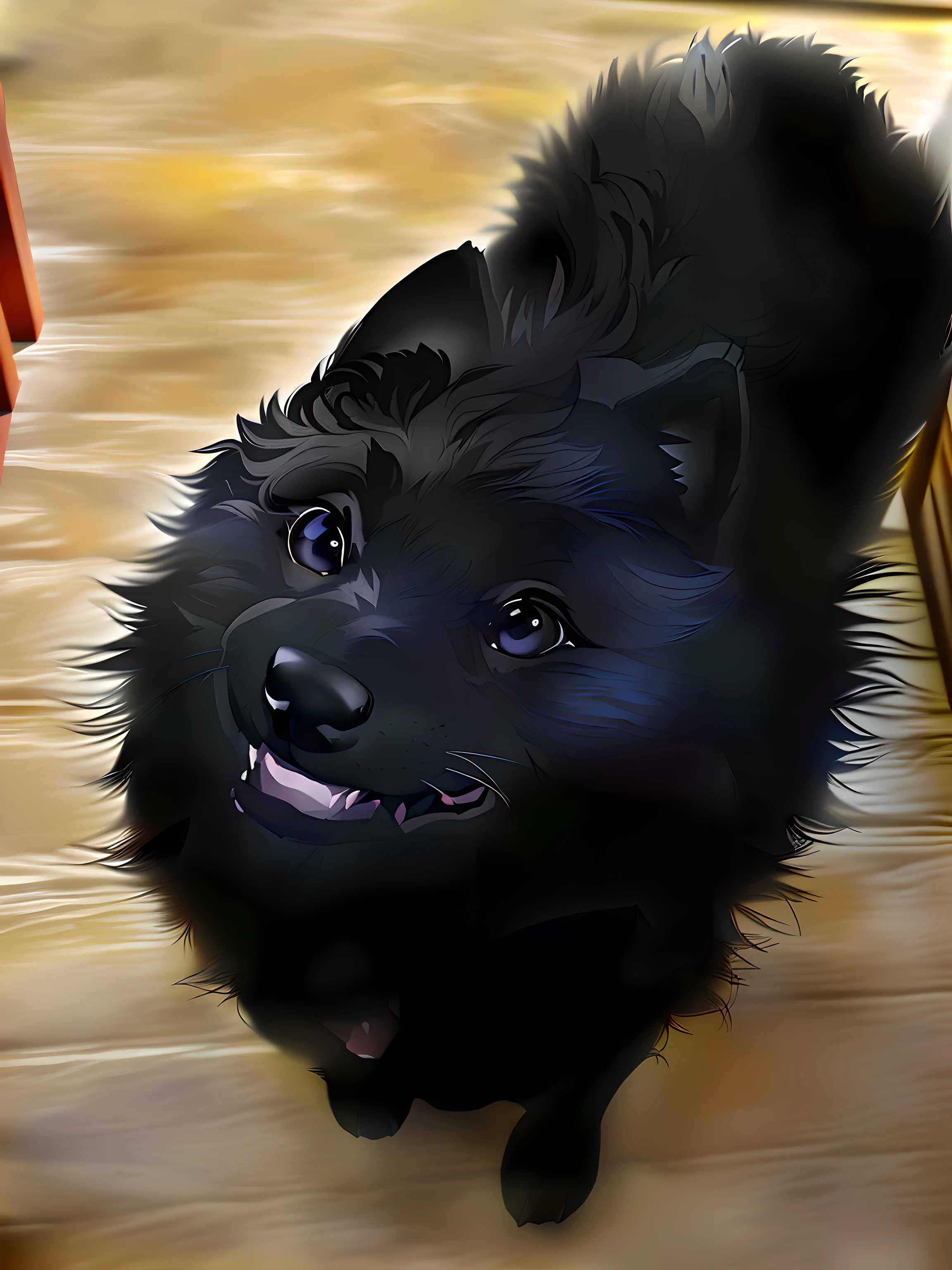 araffe dog with a black coat sitting on a black floor, large eyes and menacing smile, grinning lasciviously, happily smiling at the camera, she has a cute expressive face, smiling but has a temper, happy with his mouth open, large black smile, she has a cute face, highly detailed photo of happy, hyper real photo