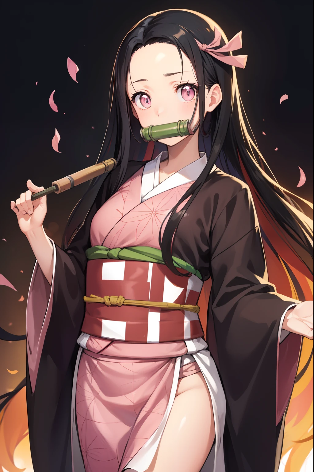 Nezu furnace, Nezuko Kamado, Bamboo, (bit gag:1.5), Black hair, (Forehead:1.5), gag, Gagged, Hair Ribbon, Long hair, multicolored hair, (Pink eyes:1.5), Orange hair, Slit pupils, Wavy Hair, Two-tone hair,
Break asa is not (Pattern), Checkered sash, haori, komono, Kimono, Long sleeves, Obi, Pink kimono, sash, wariza,  Wide sleeves,
BREAK looking at viewer,
Break indoors,
BREAK (masutepiece:1.2), Best Quality, High resolution, Unity 8k壁纸, (Illustration:0.8), (Beautiful detailed eyes:1.6), extra detailed face, Perfect Lighting, extremely details CG, (Perfect hands, Perfect Anatomy),Retreat,