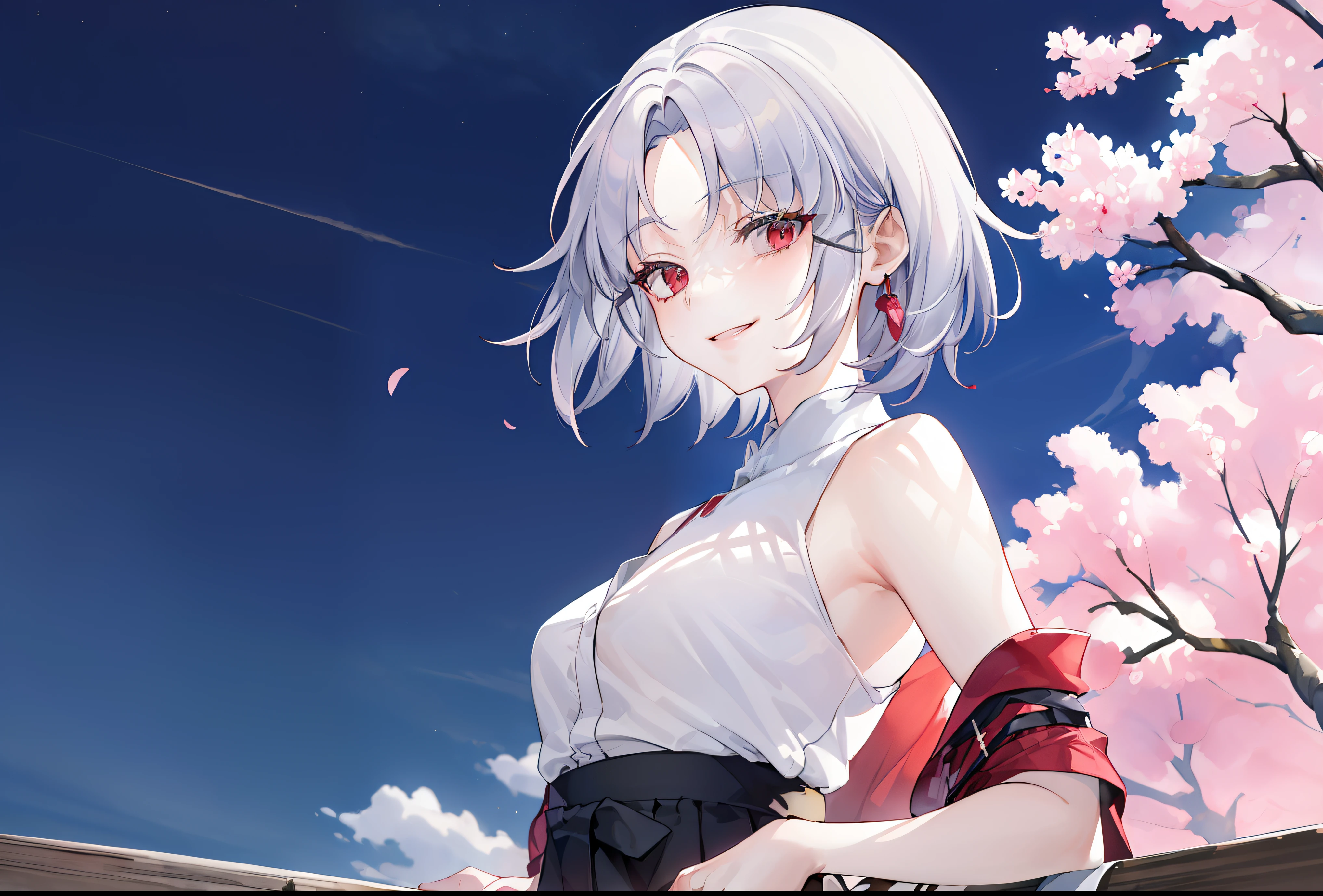 ((((masterpiece, best quality, high resolution)))), 
masterpiece,high quality,extremely detailed CG unity 8k wallpaper,1girl,bangs,hand on hip,bare_shoulders, branch, breasts,cherry_blossoms, cloud, cloudy_sky, japanese_clothes, kimono, long_sleeves, looking_at_viewer, no_shoes,  outdoors, petals, pink_flower, pleated_skirt, short_hair, skirt, sky, sliding_doors, smile, socks, solo, spring_\(season\), night, night sky, tree, upper body, grey hair, red eyes, glow red eyes