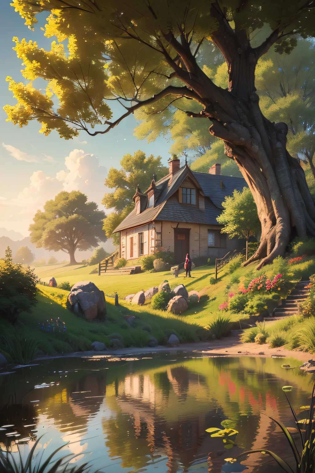 ((masterpiece)), ((best quality)), 8k, high detailed, ultra-detailed, a serene countryside setting unfolds with quaint earthen houses scattered across the landscape, surrounded by lush greenery and fields. A tranquil pond glistens under the golden sunlight, reflecting the ancient trees standing tall nearby. The joyful laughter of children fills the air as they play amongst the trees and explore the simple beauty of rural life. The scene captures the essence of a peaceful countryside with remarkable detail, providing a lifelike experience in cinematic quality.