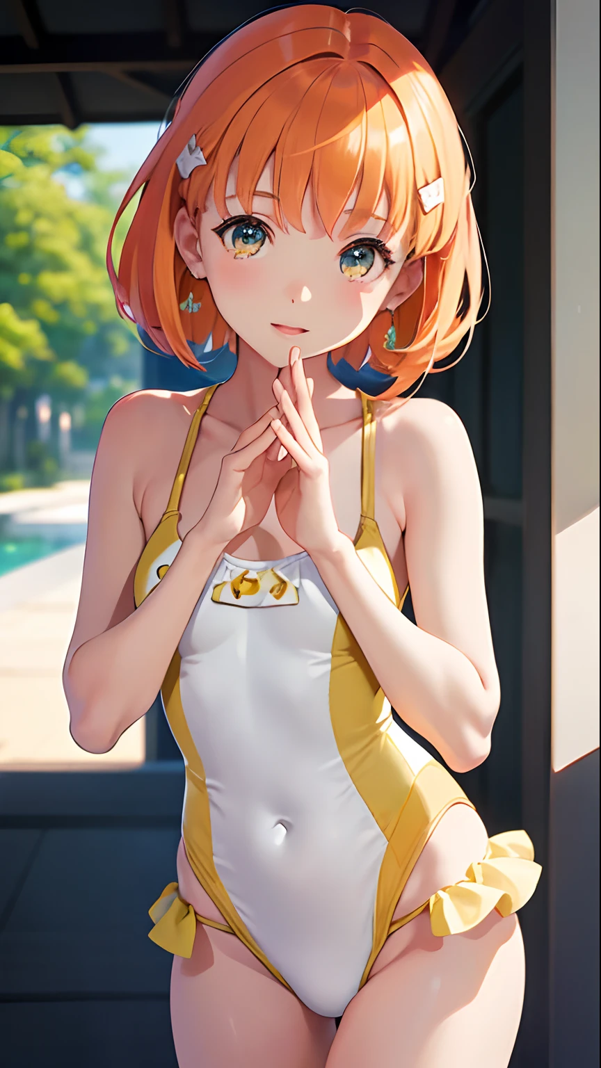 ((Minato Chika)), ((Row Kyubu)), Ten-year-old girl, ((Medium bob hair)),Red-brown hair, ((Light yellow swimsuit)), , (light)))), (photographrealistic: 1.3), Rim lighting, (High Detail Skin:1.2), 8K UHD, Digital SLR, High quality, High resolution, 4K, 8K, Bokeh, absurdity, Best ratio four fingers and one thumb, (Real:1.9), Cute One Girl, Live Action